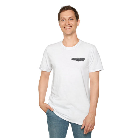 Man wearing a white t-shirt with a 'Shirts and Giggles Bazaar' logo on a white background