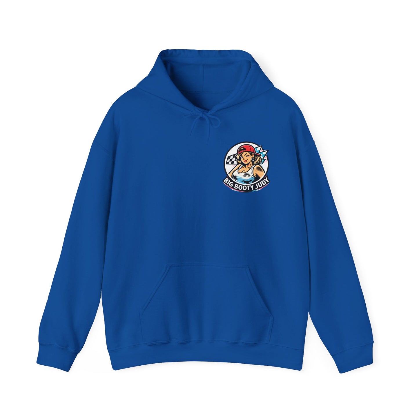Blue hoodie with a 'Big Booty Judy' logo graphic design on the chest against a white background