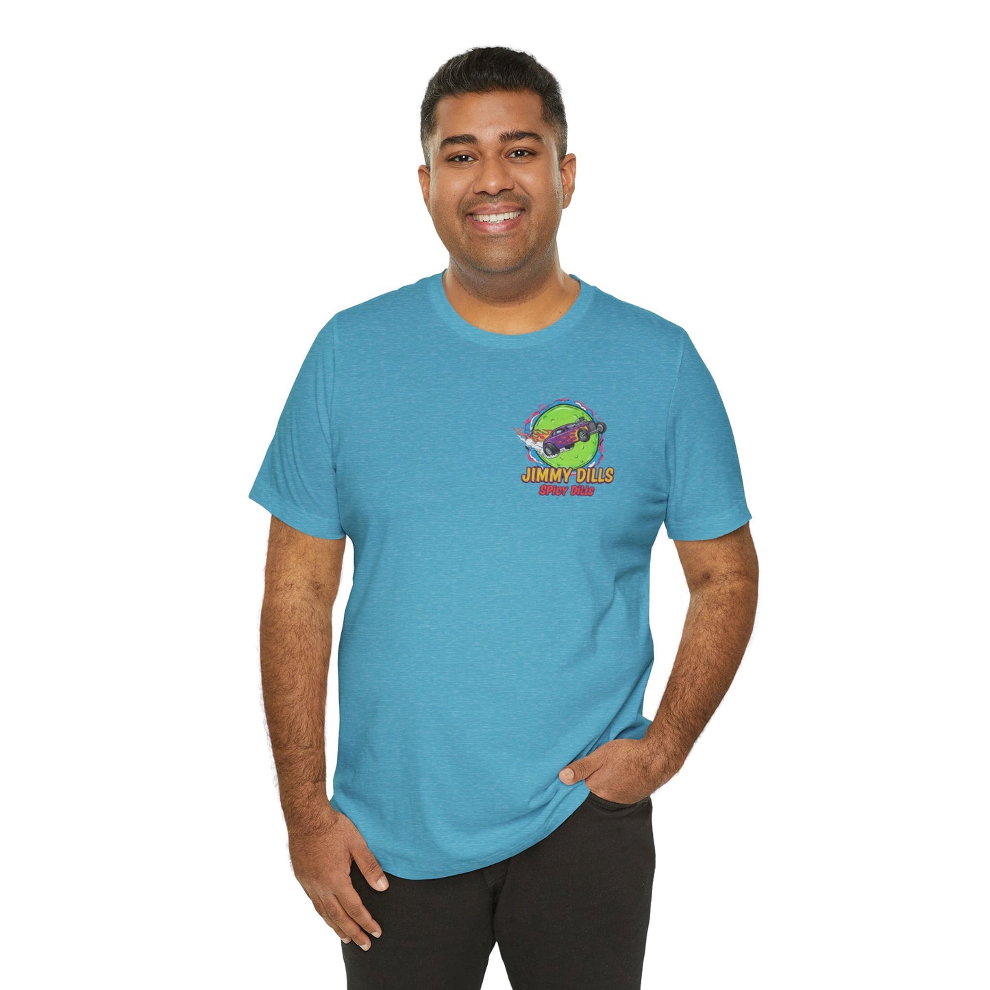 Man wearing a blue t-shirt with a 'Jimmy Dills Spicy Dills' logo on a white background