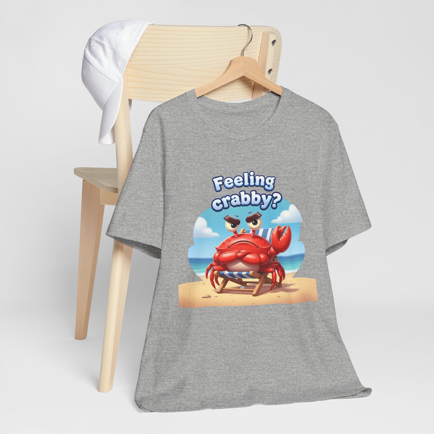 Gray t-shirt with a cartoon crab design and text 'Feeling crabby?' on a white background.