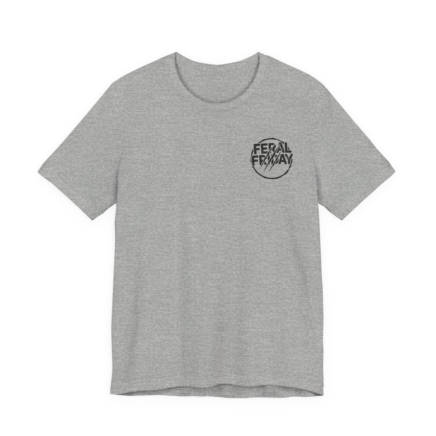 Gray t-shirt with a 'Feral Friday' logo on the chest against a white background