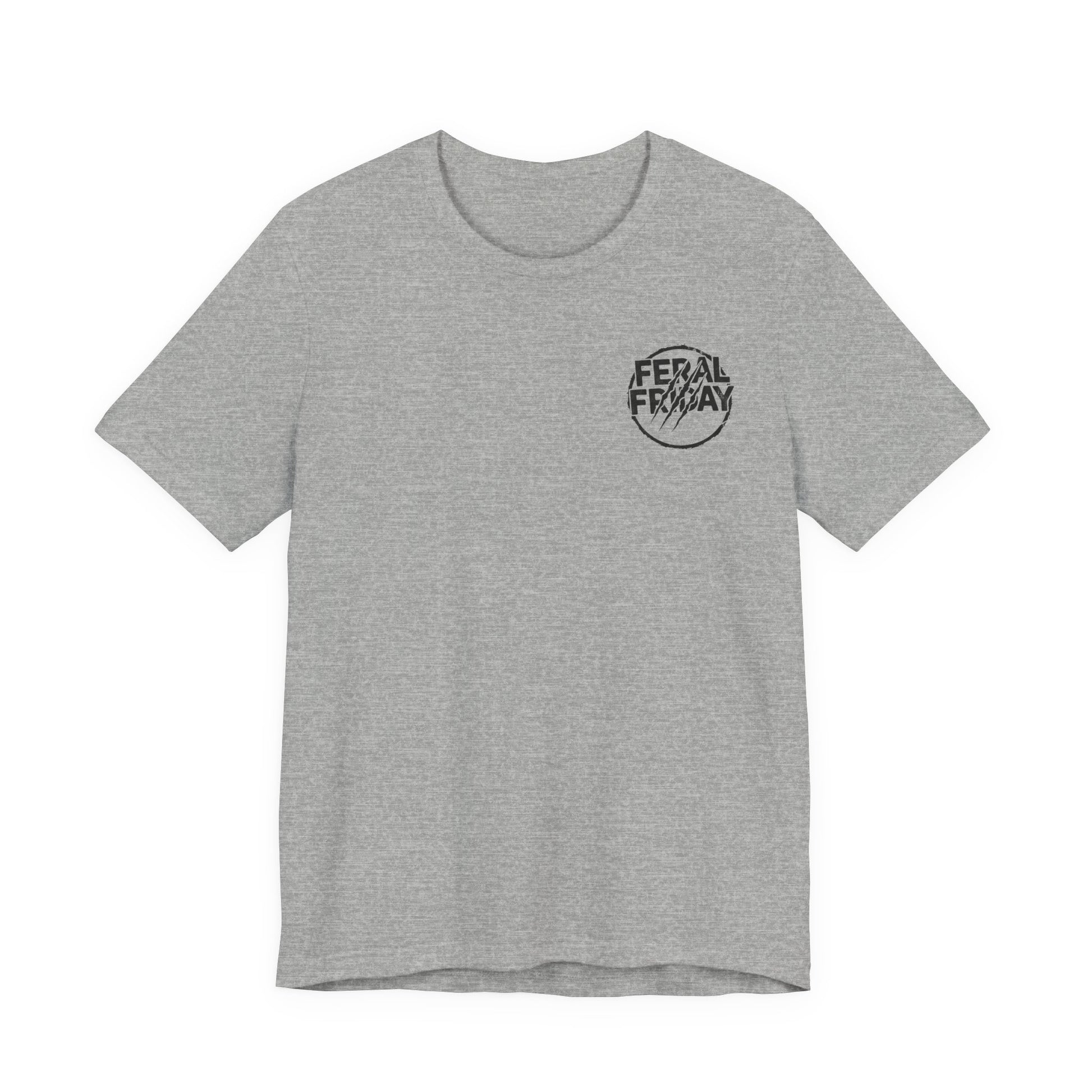 Gray t-shirt with a 'Feral Friday' logo on the chest against a white background