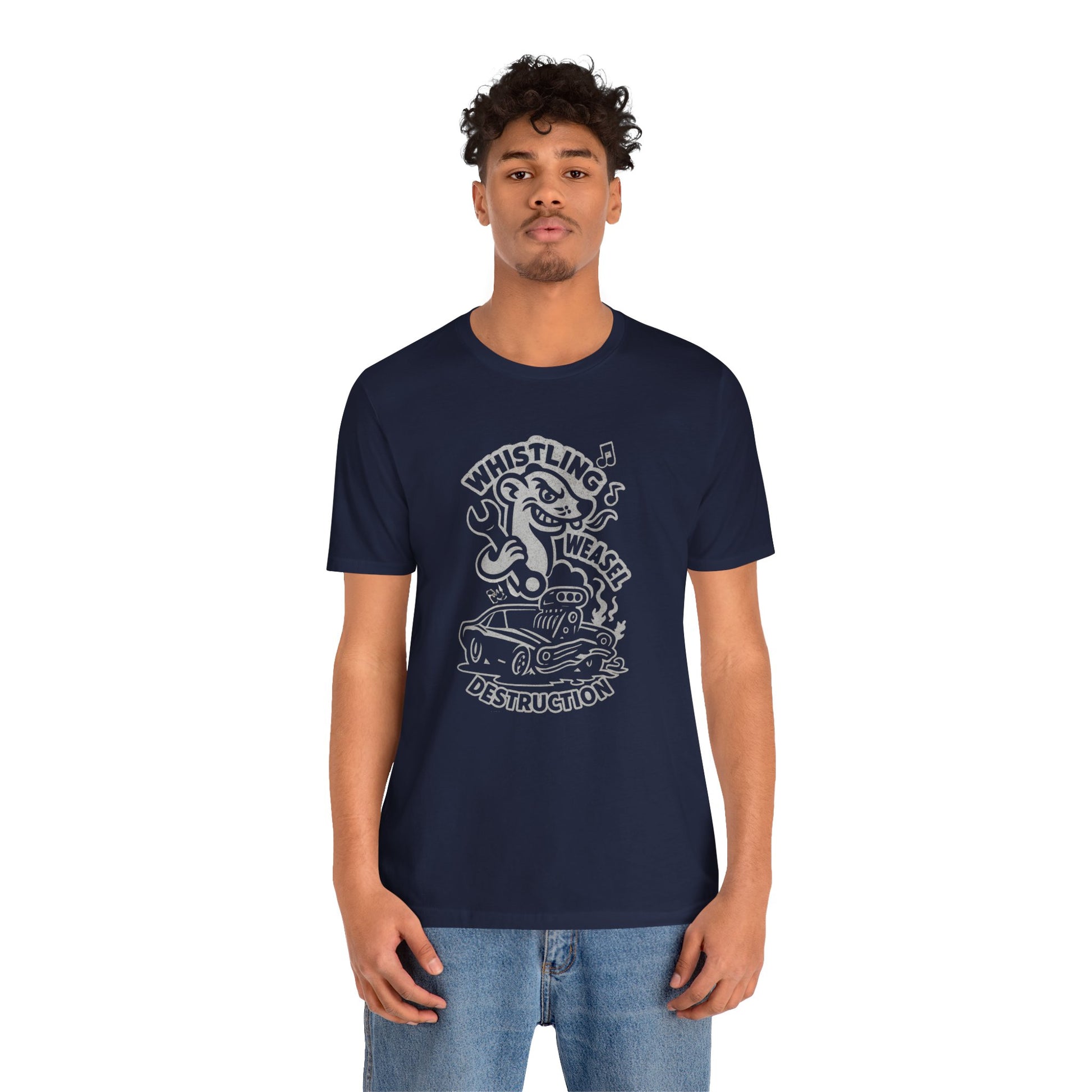 Man wearing a cartoon weasel holding a wrench behind a flame-spitting muscle car with “Whistling Weasel Destruction” text—funny navy drag racing t-shirt for motorsport fans.