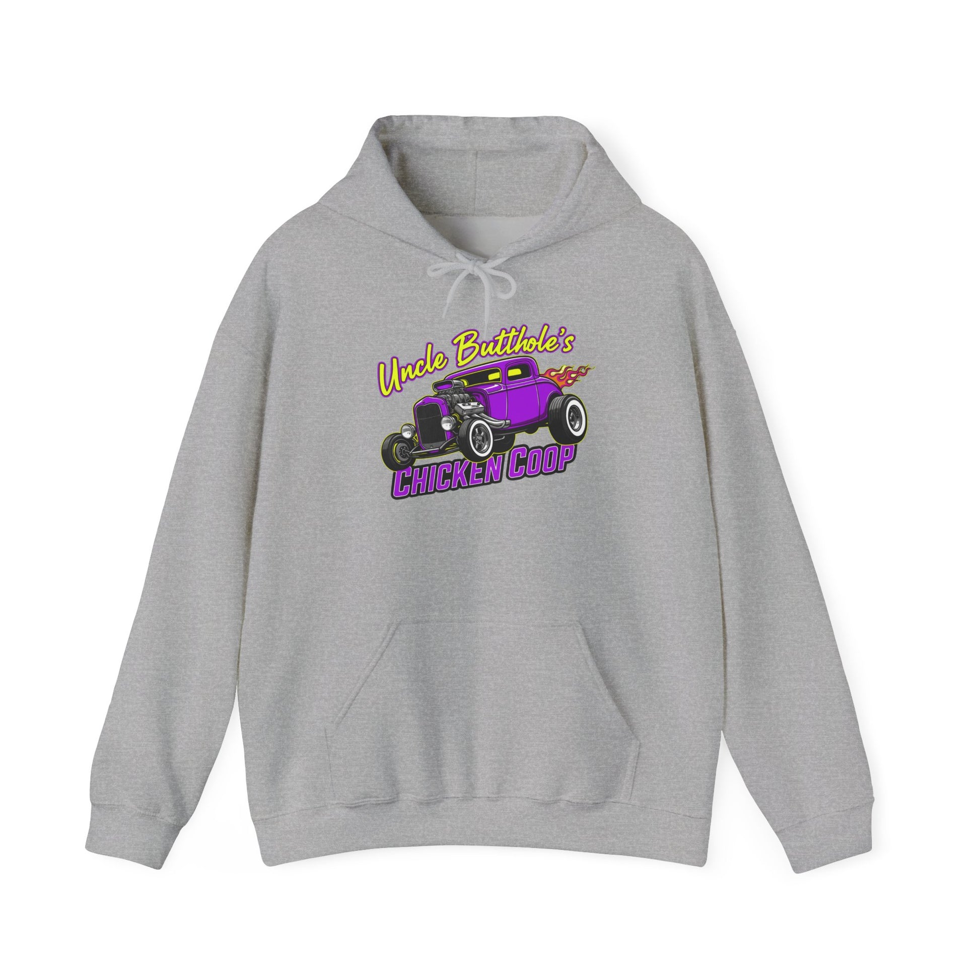 Gray hoodie with a graphic of a purple car and text 'Uncle Butthole's Chicken Coop' on a white background