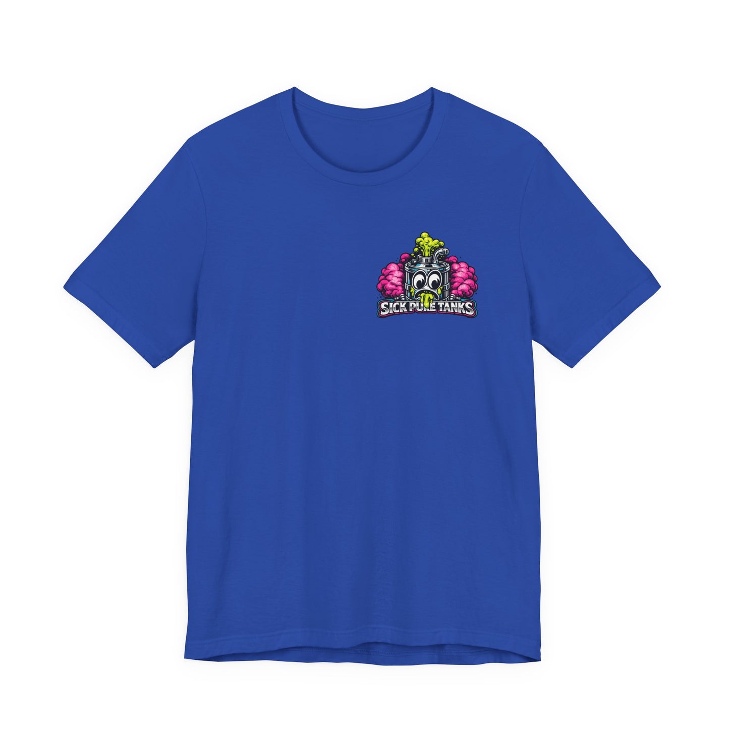Blue t-shirt with a colorful 'Sick Puke Tanks' logo on a white background