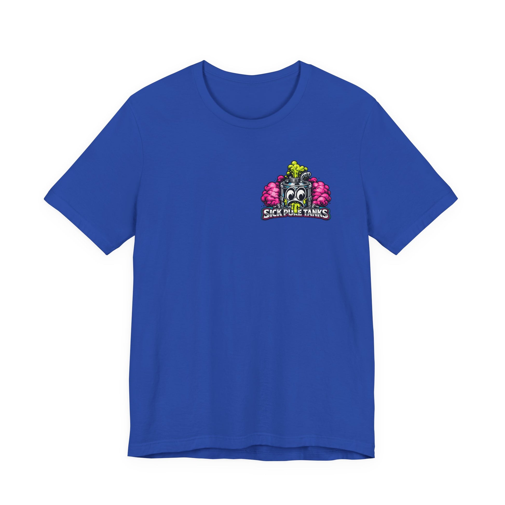 Blue t-shirt with a colorful 'Sick Puke Tanks' logo on a white background