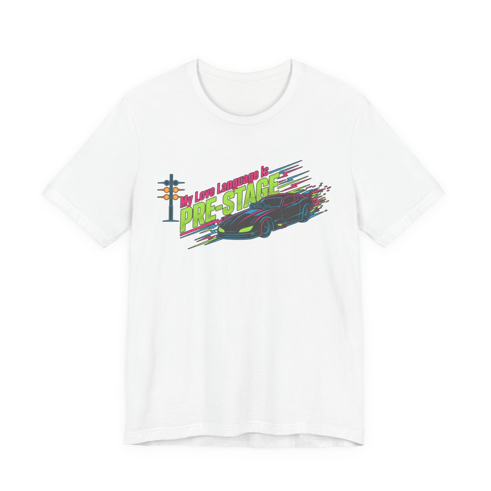 White t-shirt with a graphic design of a car and 'My Love Language is Pre-Stage' text on a white background