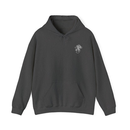Flat lay of dark heather Gildan 18500 hoodie featuring white cartoon weasel chest graphic. Perfect for motorsport lifestyle and garage wear.