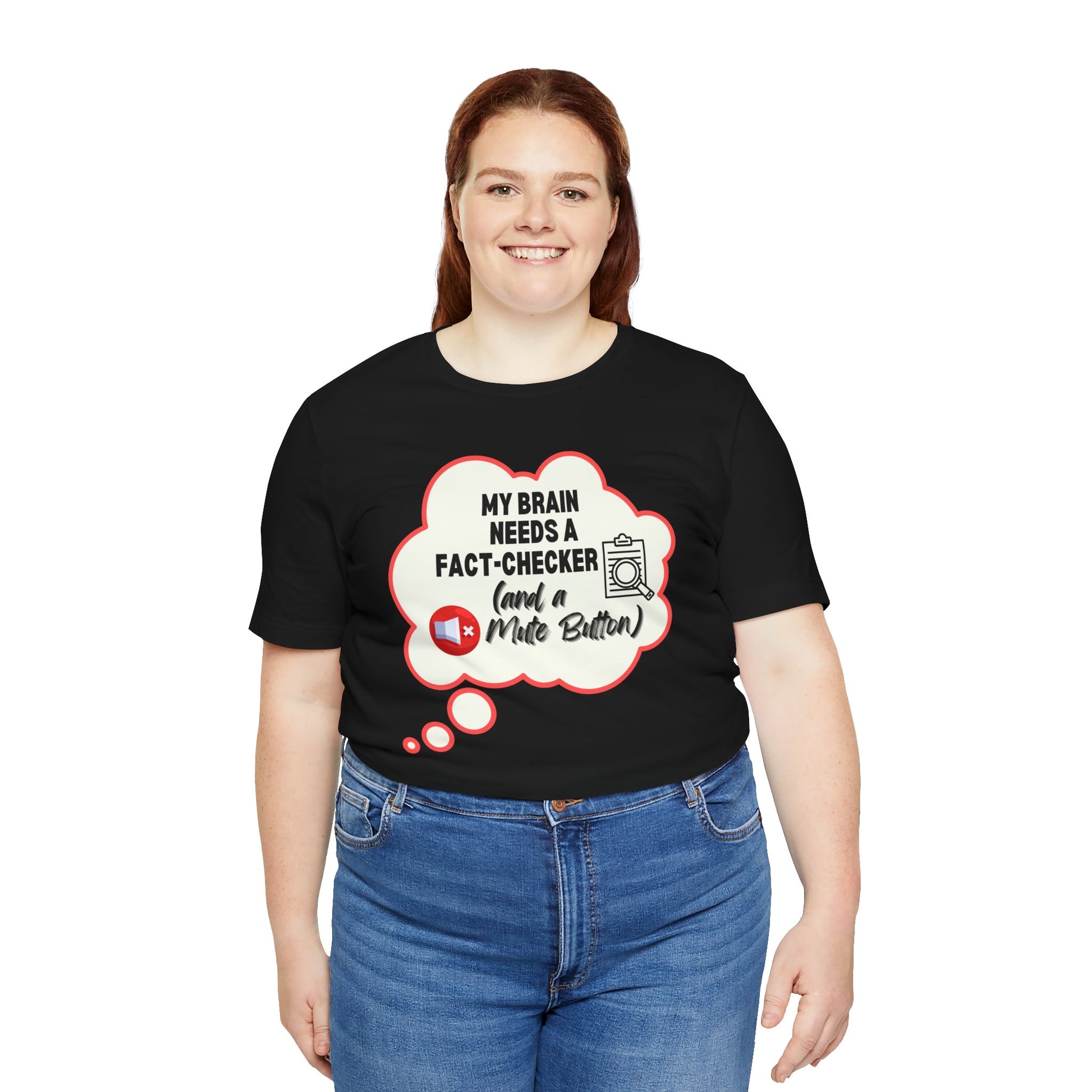 Person wearing a black t-shirt with a graphic and text on a white background