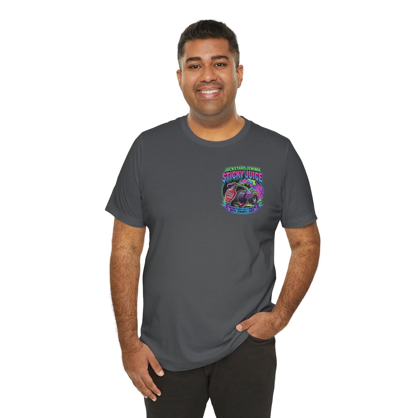 Man wearing a gray t-shirt with a colorful graphic and  'Jackedstand Jemima Sticky Juice You Can Always Rip A Good One With Jemima's Juice' text on a white background