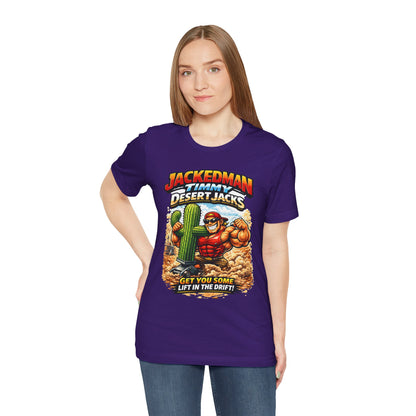 Woman wearing a purple t-shirt with a graphic design and 'Jackedman Timmy Desert Jacks Get You Some Lift In The Drift' text on a white background