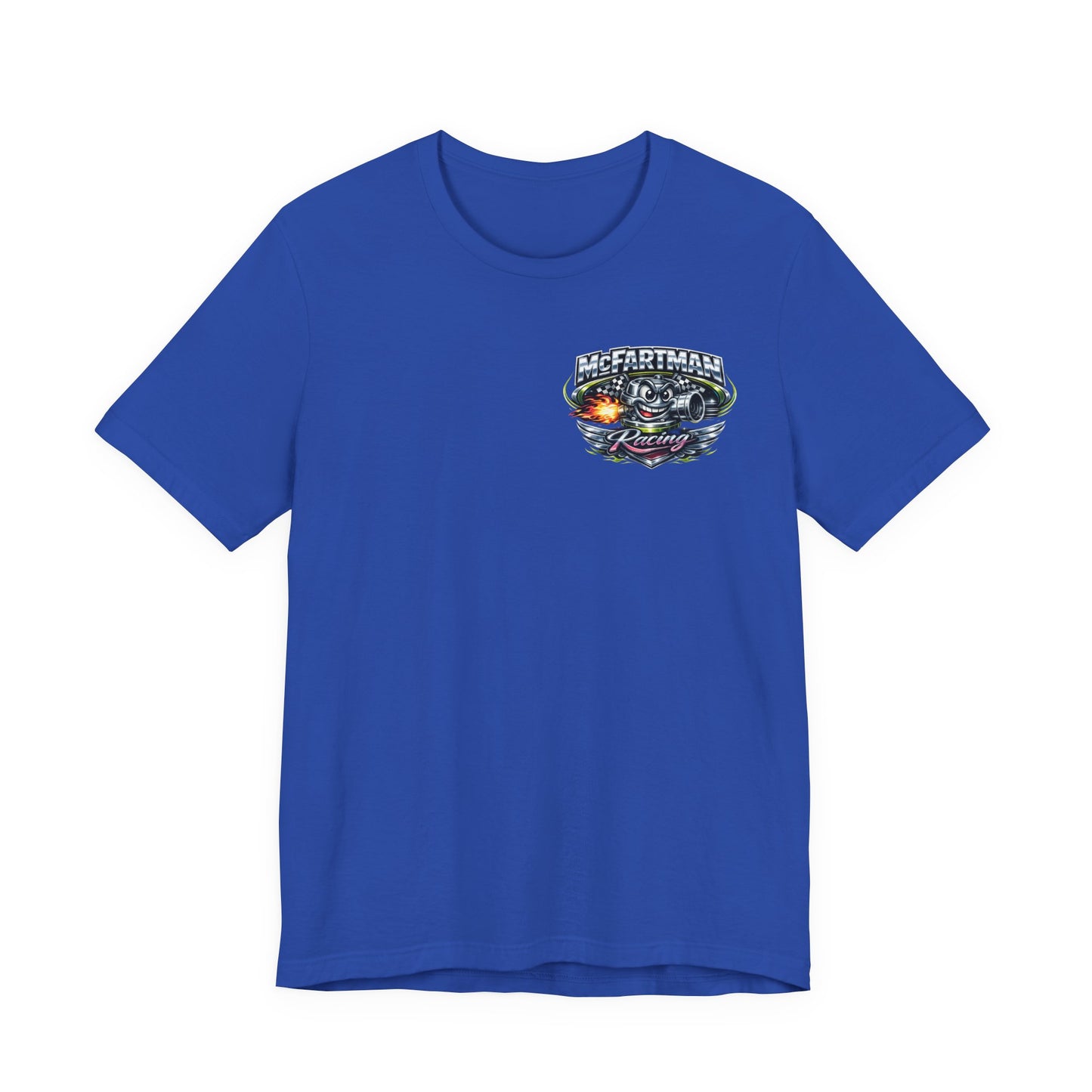 Blue t-shirt with a 'McFartman Racing' logo on a white background
