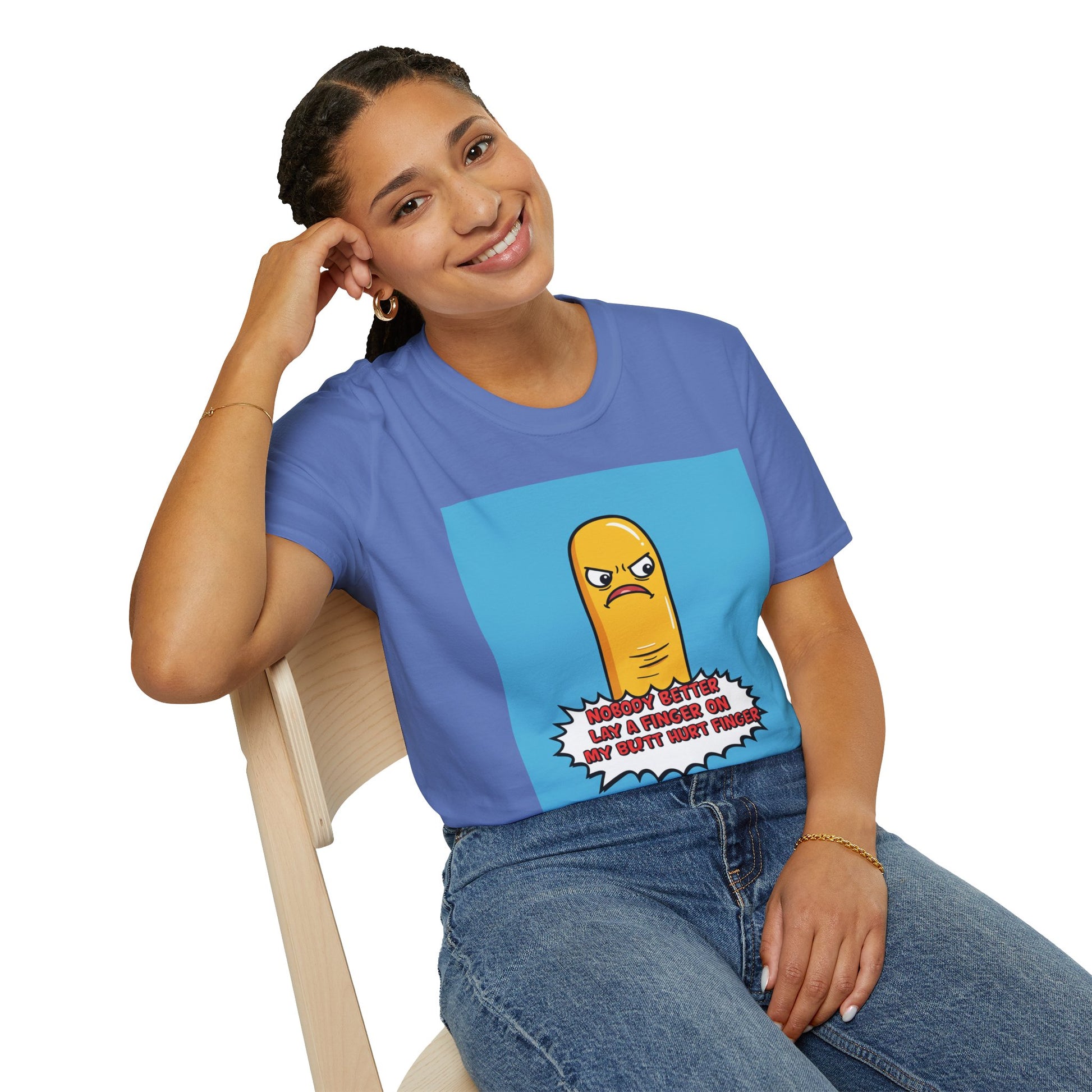 Person wearing a blue t-shirt with a cartoon character graphic and text 'Nobody better lay a finger on my butt hurt finger'