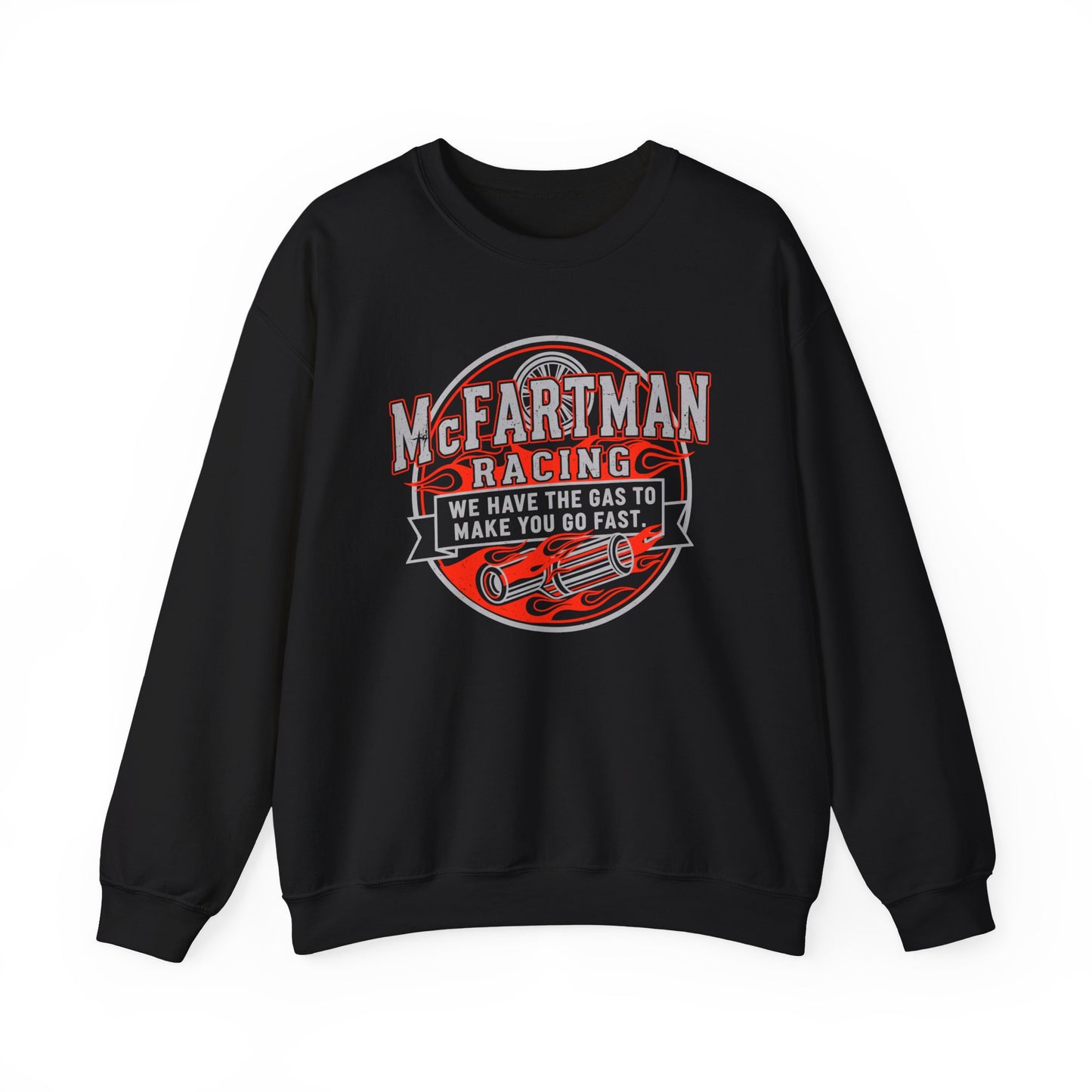 Black sweatshirt with 'McFartman Racing' graphic design on a white background
