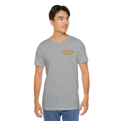 Man wearing a gray t-shirt with yellow 'JACKEDMAN TIMMY' text on a white background