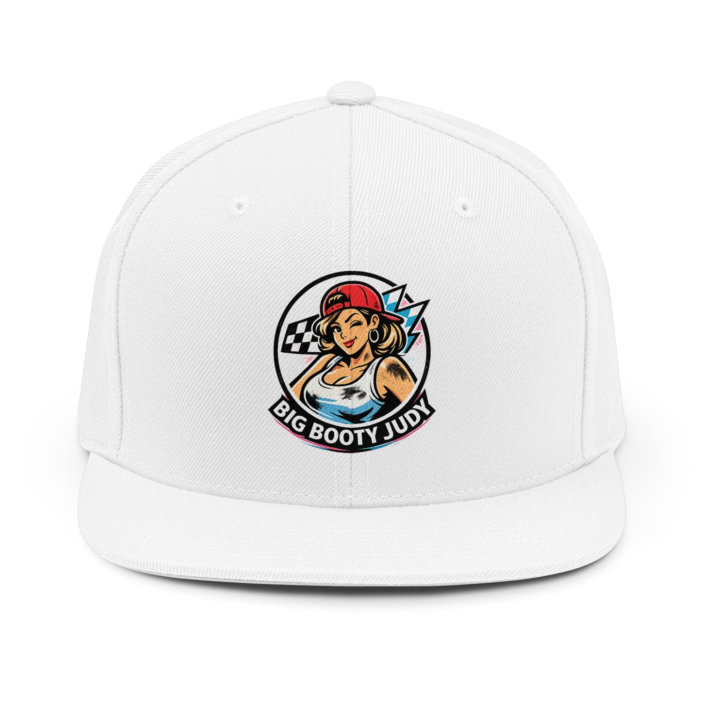 White cap with 'Big Booty Judy' logo on a white background