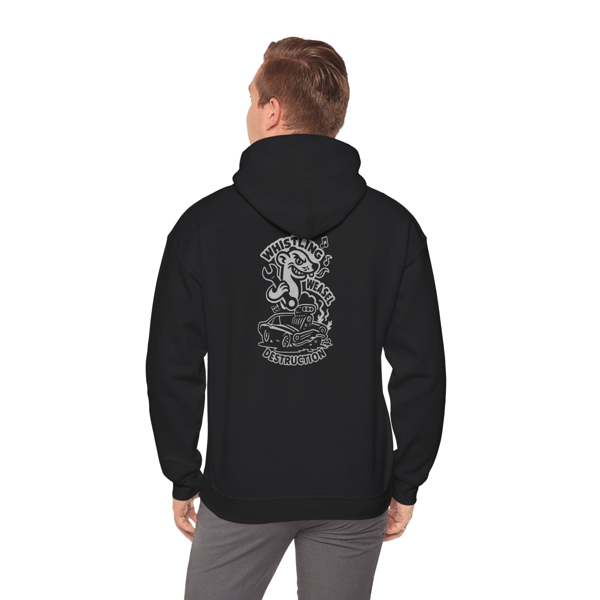 Man wearing black Gildan 18500 hoodie showing large white back graphic of flame-spitting car and cartoon weasel. 