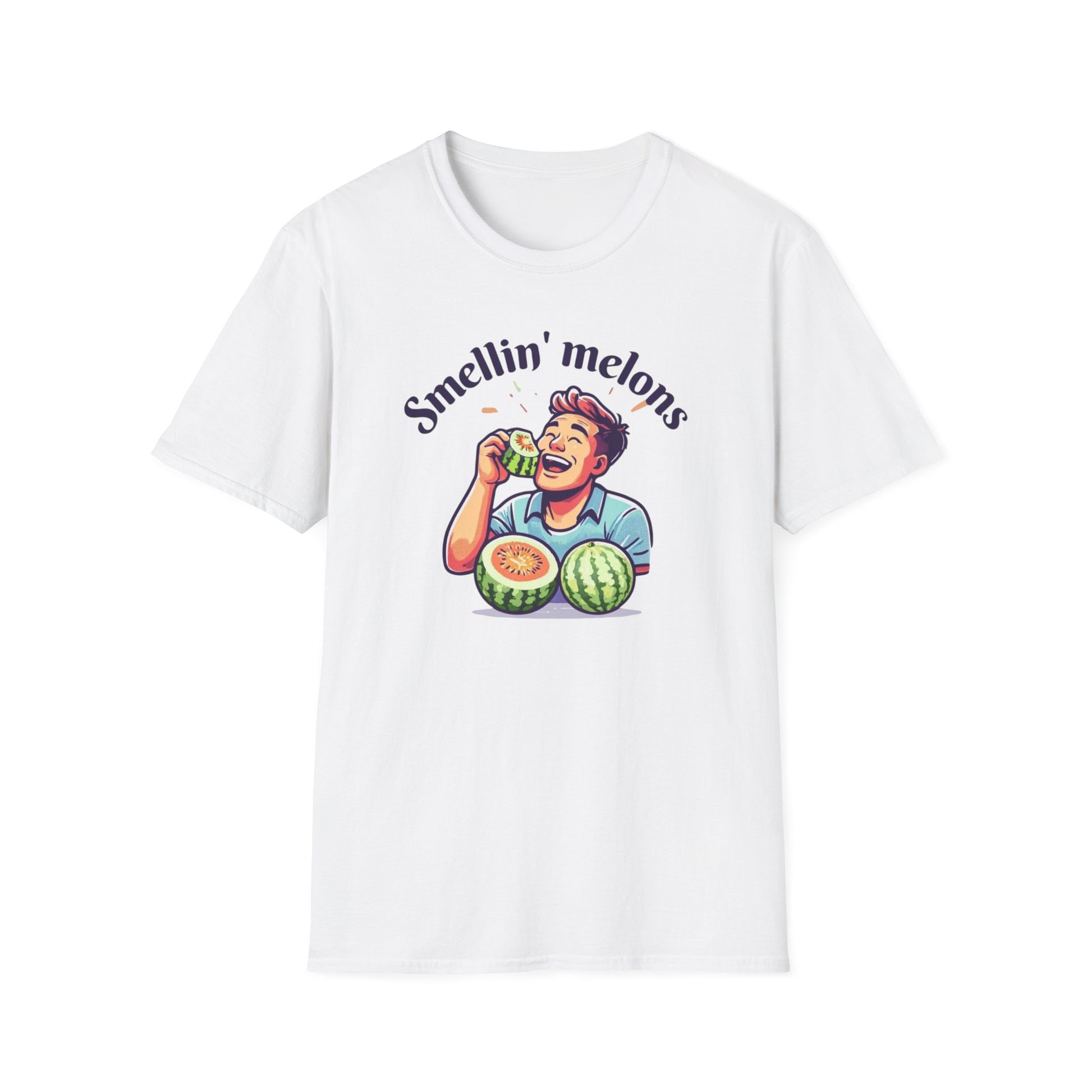 White t-shirt with a graphic of a person eating watermelon and text 'Smellin' melons' on a white background