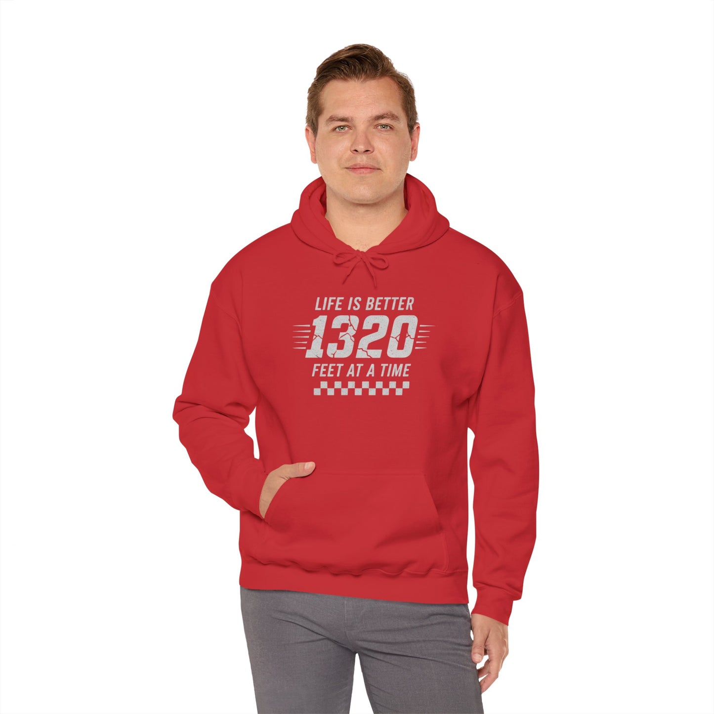 Person wearing a red hoodie with text 'Life is better 1320 feet at a time' on a white background
