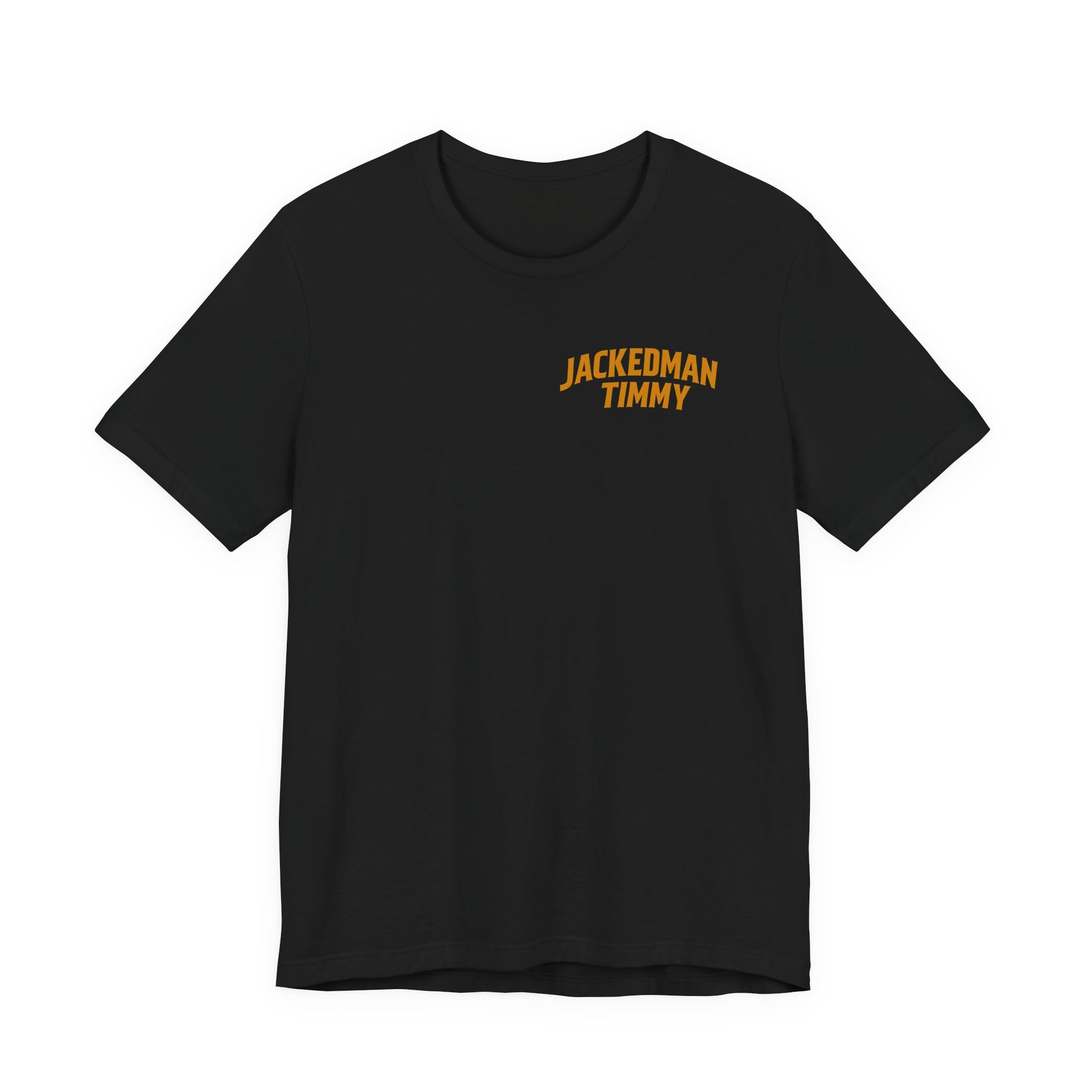 Black t-shirt with 'JACKEDMAN TIMMY' text in yellow on a white background