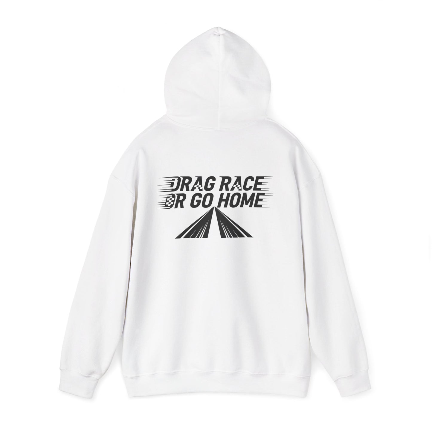 White hoodie with 'Drag Race or Go Home' text on a white background
