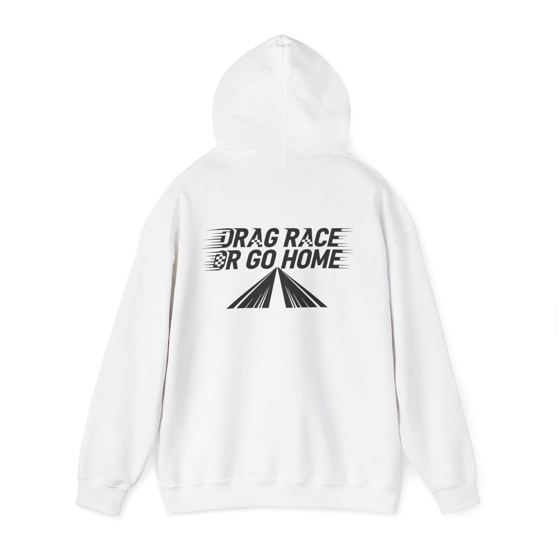White hoodie with 'Drag Race or Go Home' text on a white background