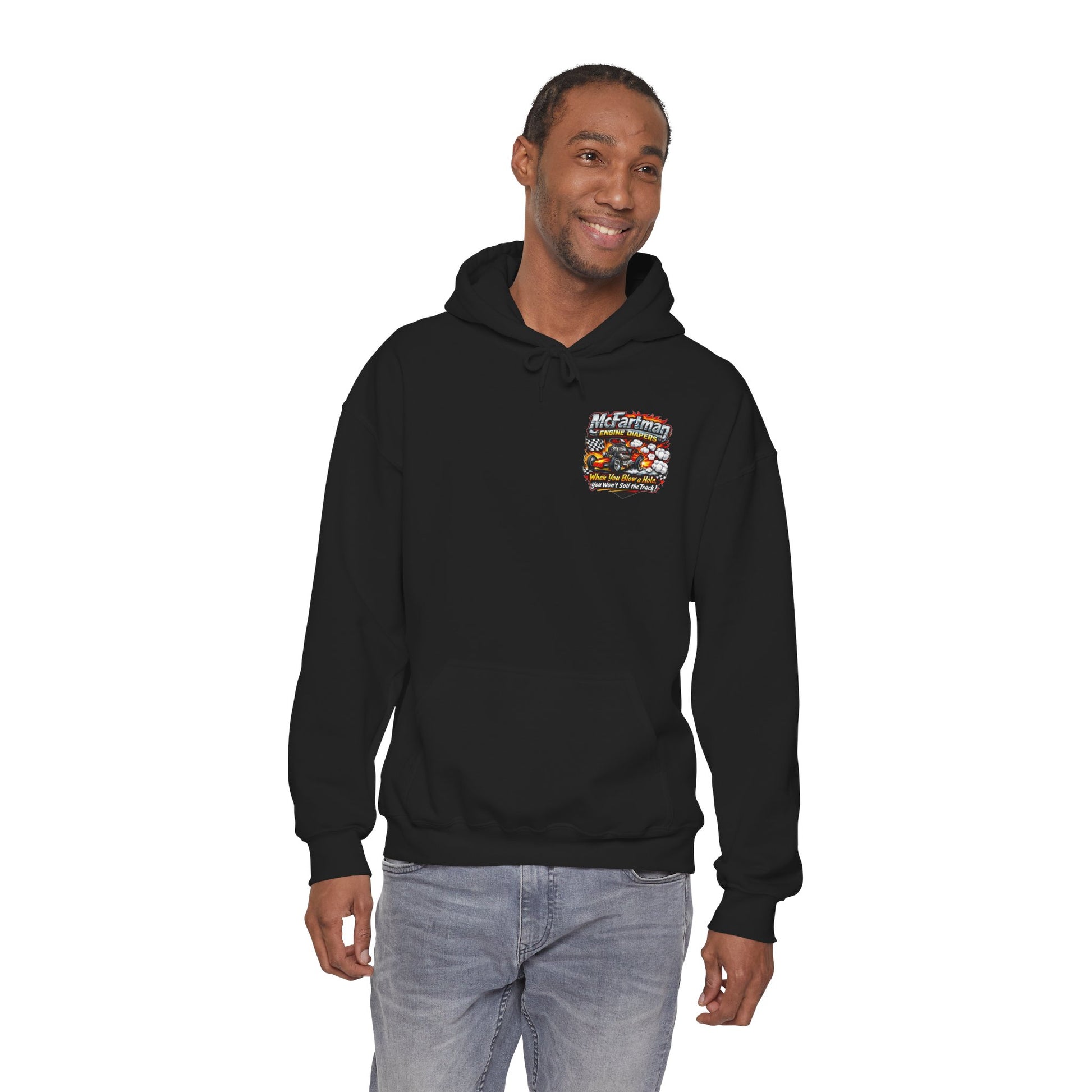 Man wearing a black hoodie with a colorful 'McFartman Engine Diapers' logo graphic on a white background
