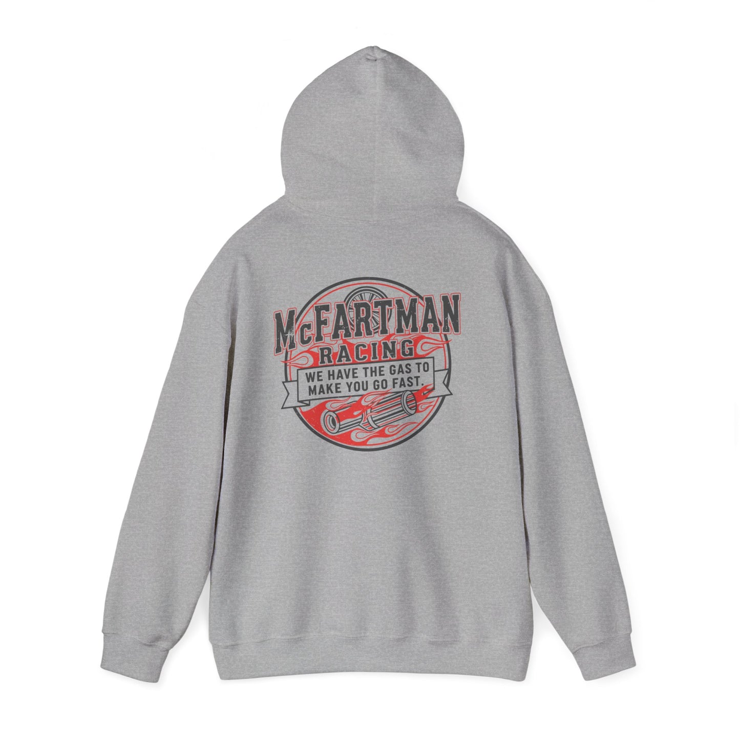 Gray hoodie with a racing-themed graphic McFartman Racing We have the gas to make you go fast on the back against a white background
