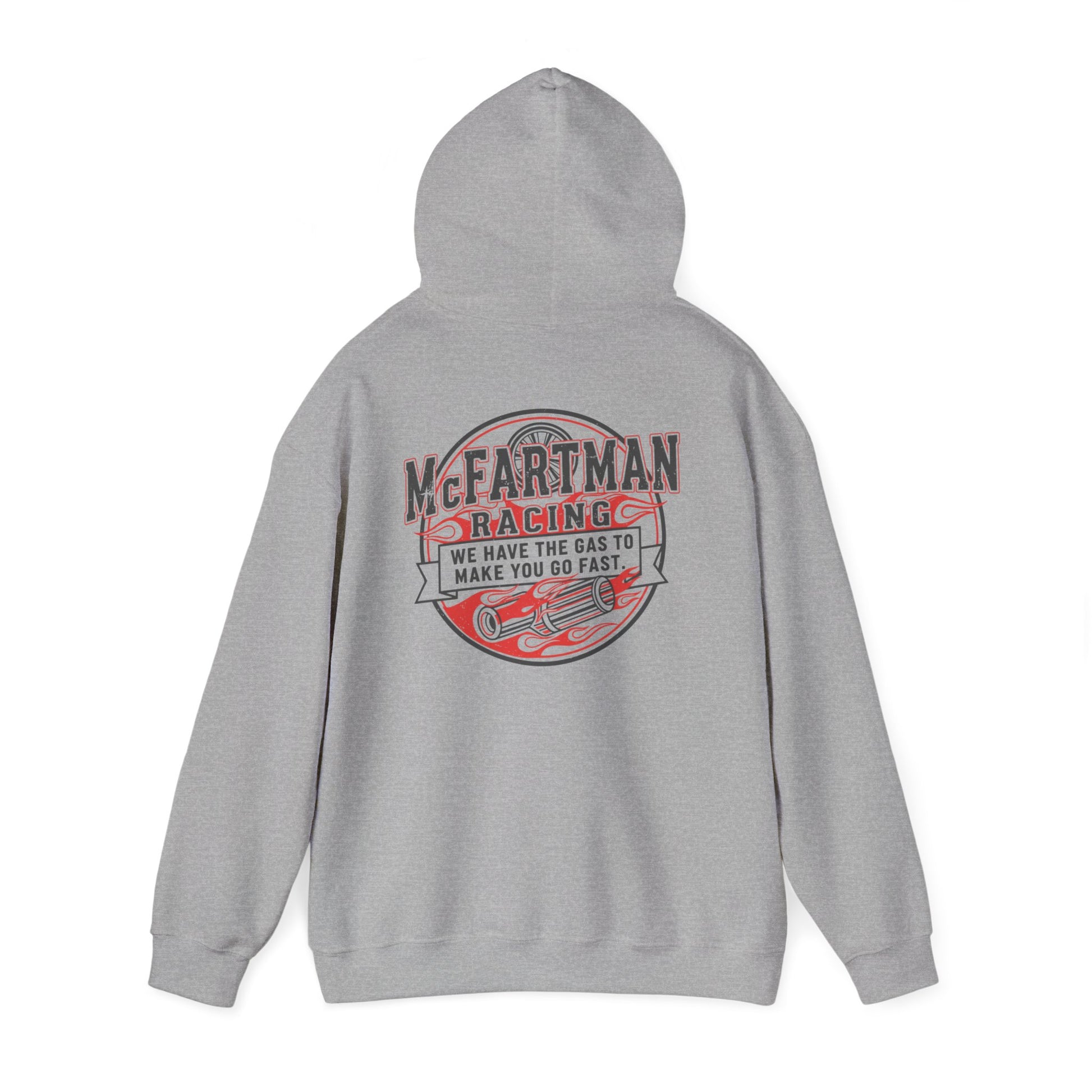Gray hoodie with a racing-themed graphic McFartman Racing We have the gas to make you go fast on the back against a white background