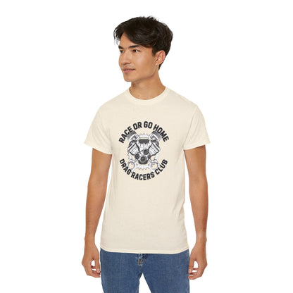 Man wearing a cream t-shirt with a graphic design and text 'RACE OR GO HOME DRAG RACERS CLUB' on a white background