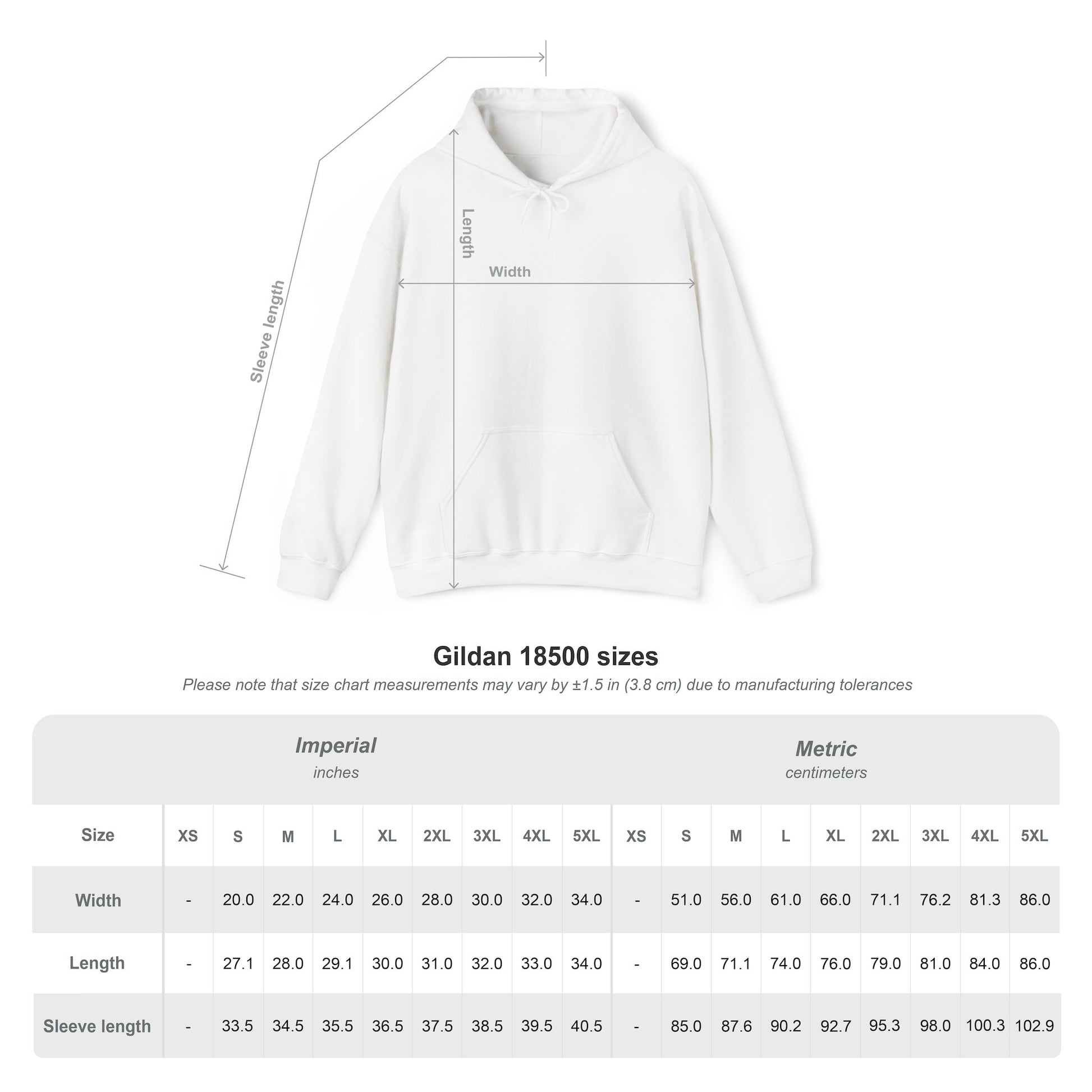 Sick Puke Tank hoodie size chart - Gildan 18500 sizing guide with measurements