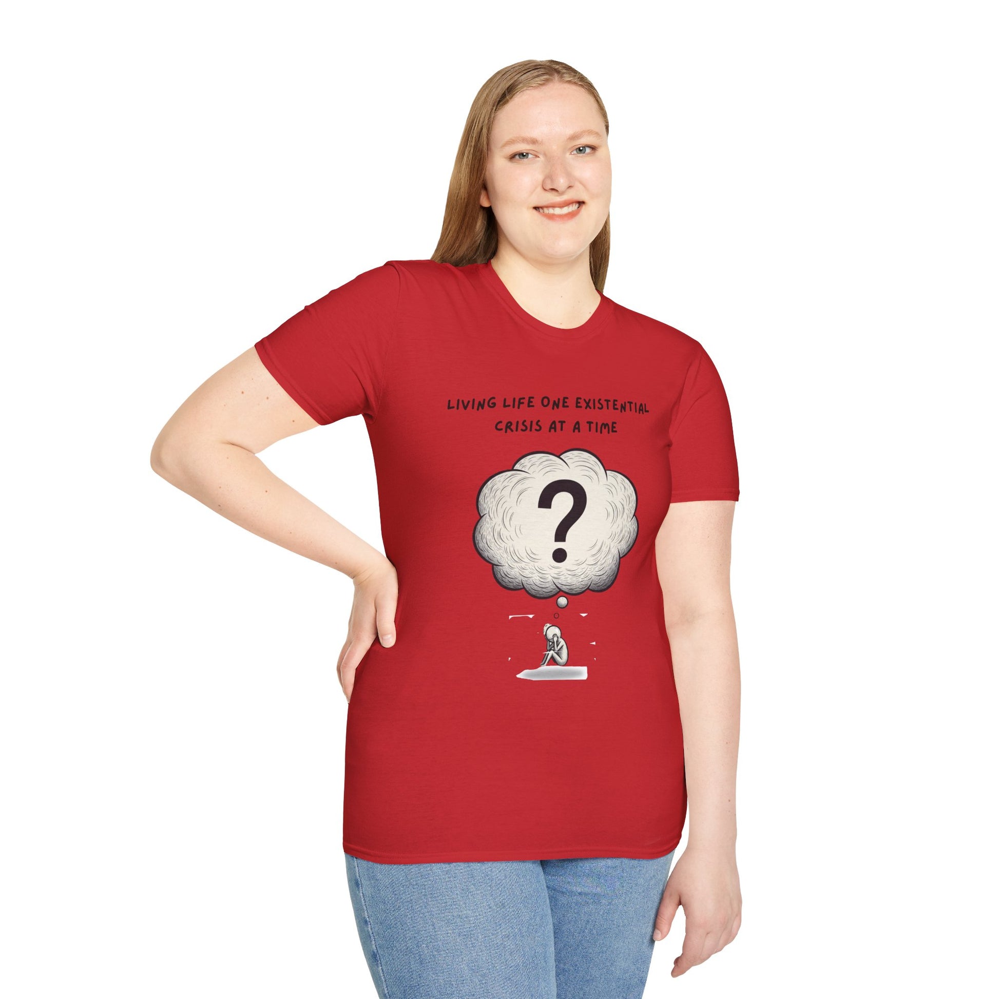 Person wearing a red t-shirt with a thought bubble graphic and text 'Living Life One Existential Crisis At A Time' on a white background