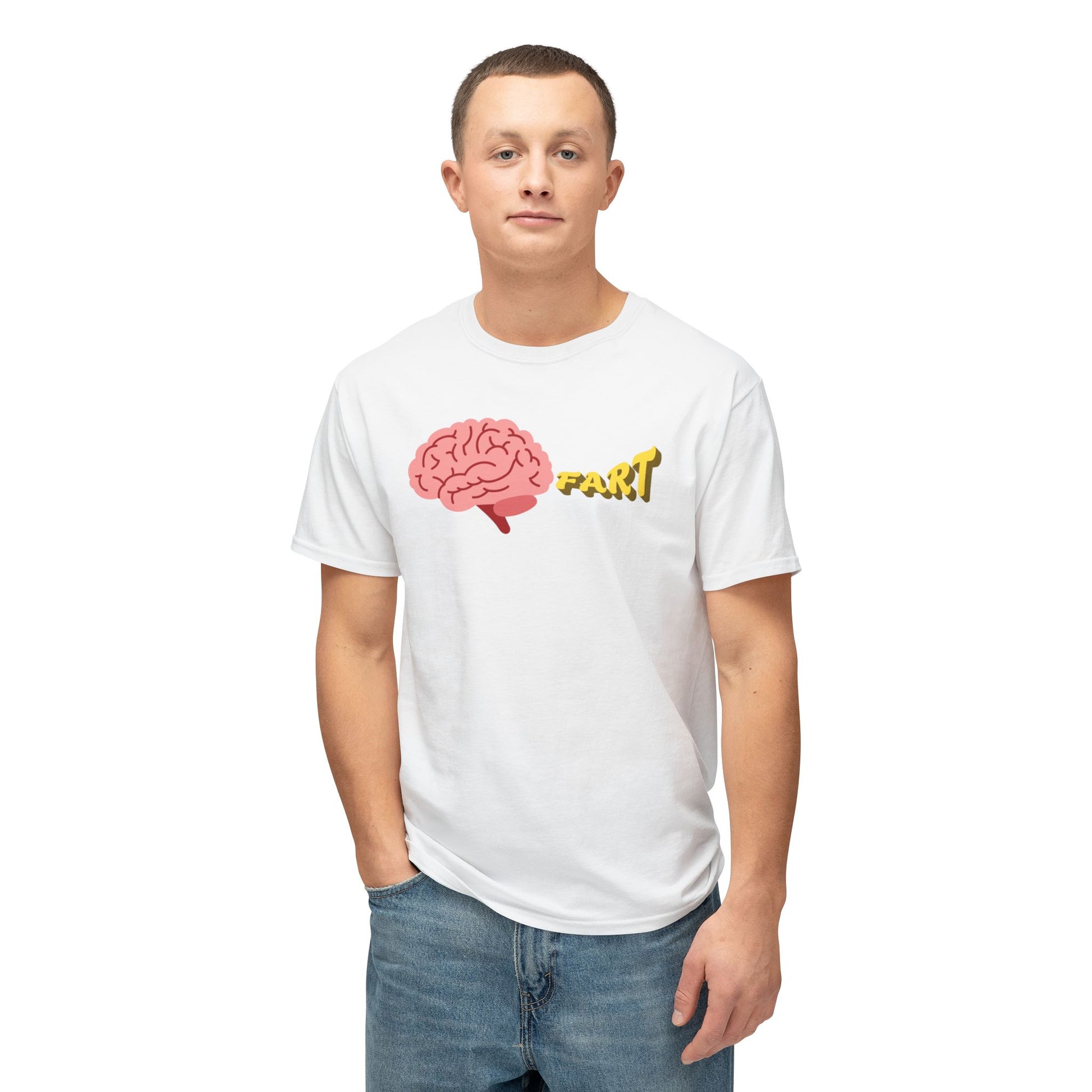 Person wearing a white t-shirt with a graphic design on a white background