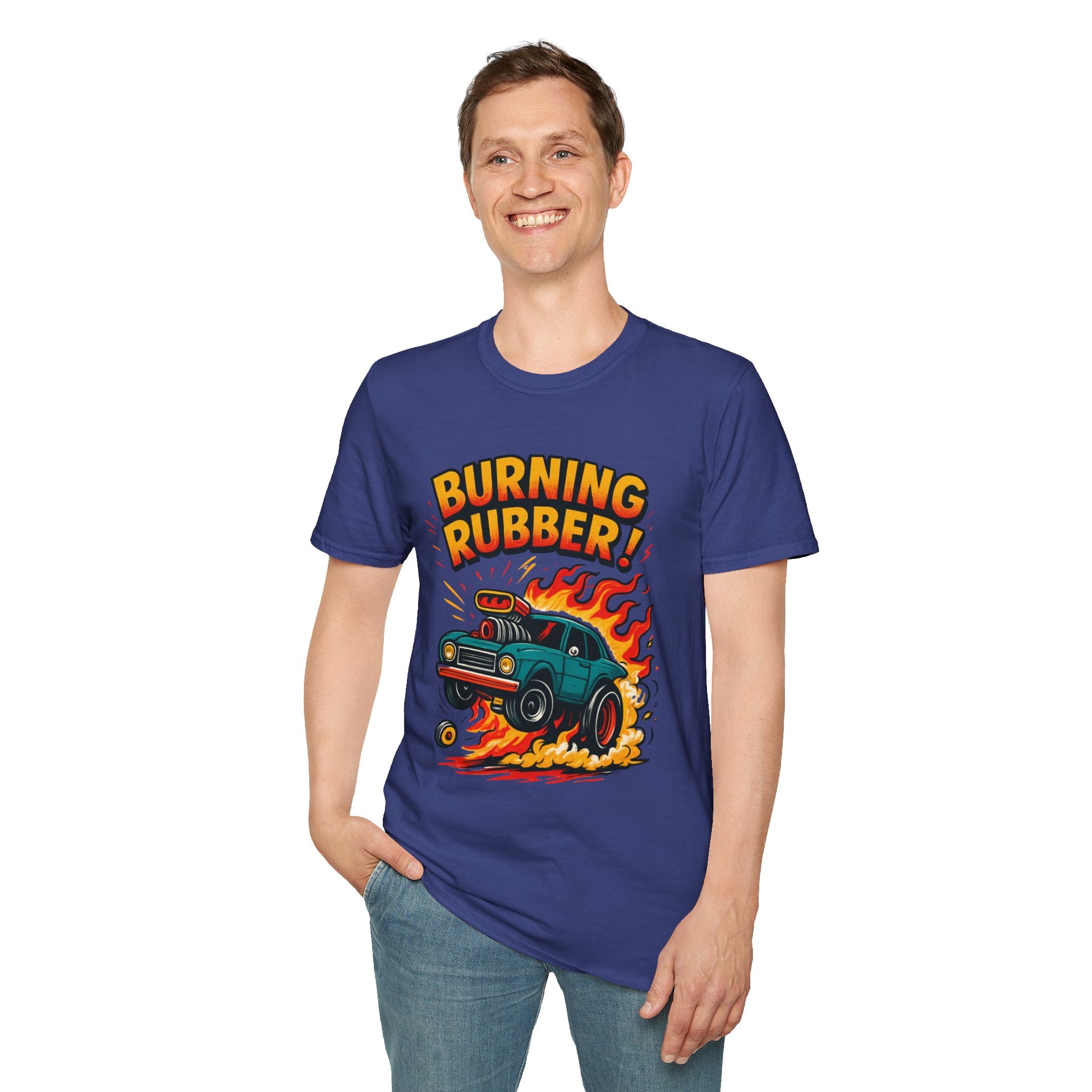 Person wearing a blue t-shirt with 'Burning Rubber!' graphic design on a white background