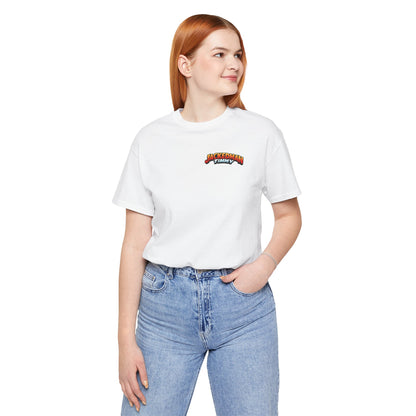 Person wearing a white t-shirt with a 'Jackedman Timmy' logo and blue jeans on a white background