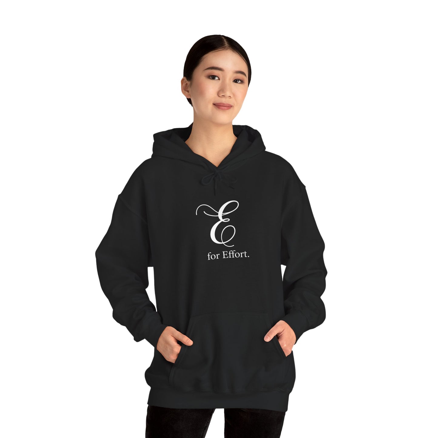 Person wearing a black hoodie with a logo and text 'E for Effort' on a white background