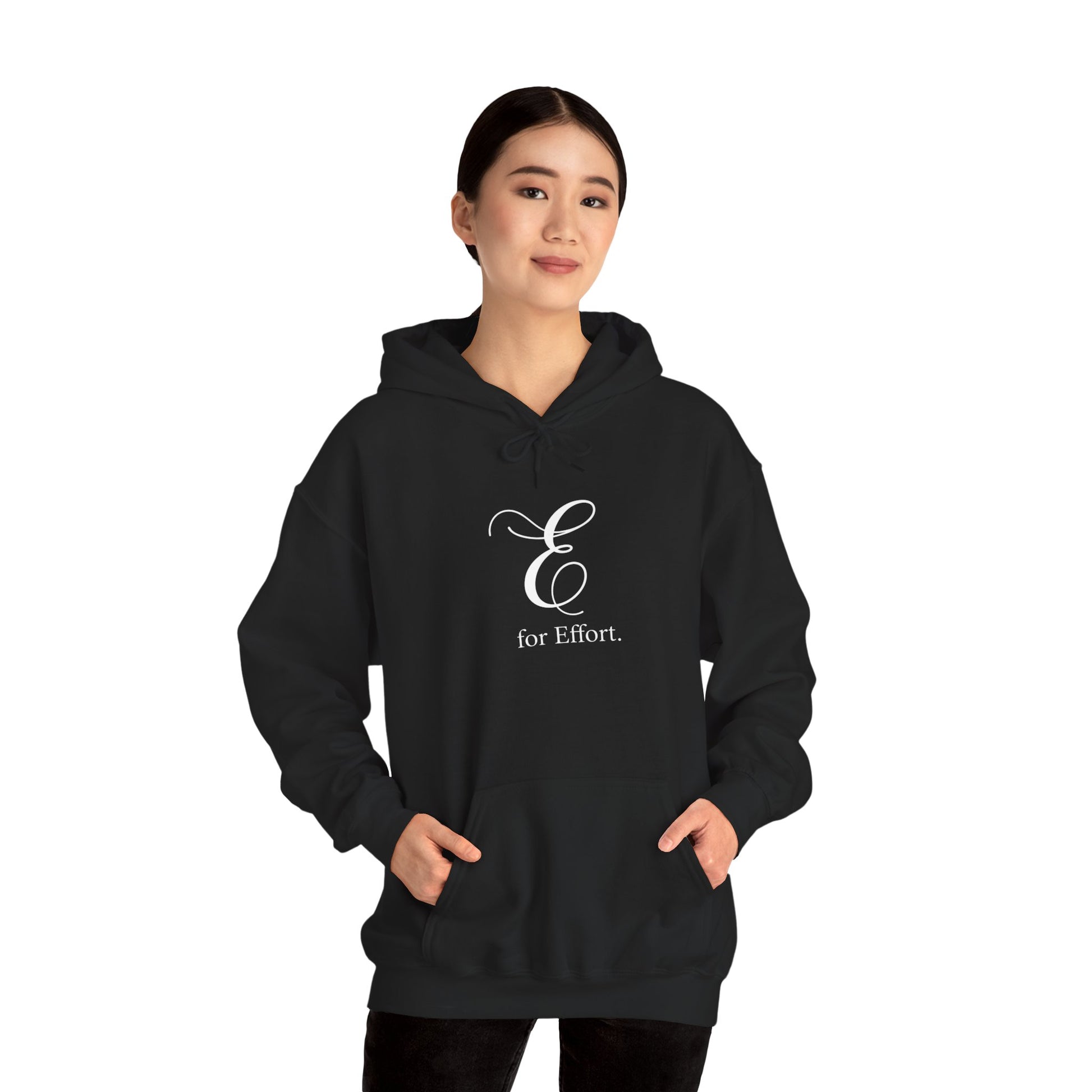 Person wearing a black hoodie with a logo and text 'E for Effort' on a white background
