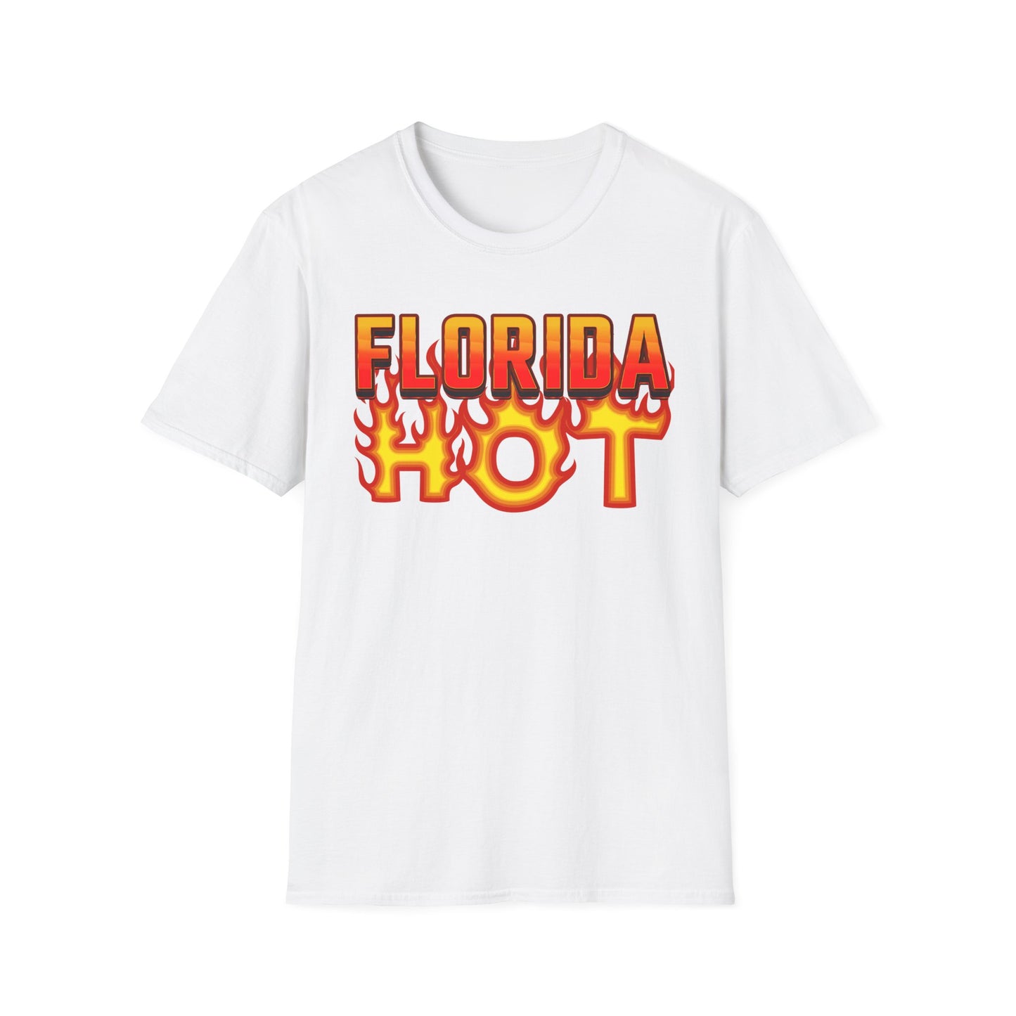 White t-shirt with 'Florida Hot' text on a white background