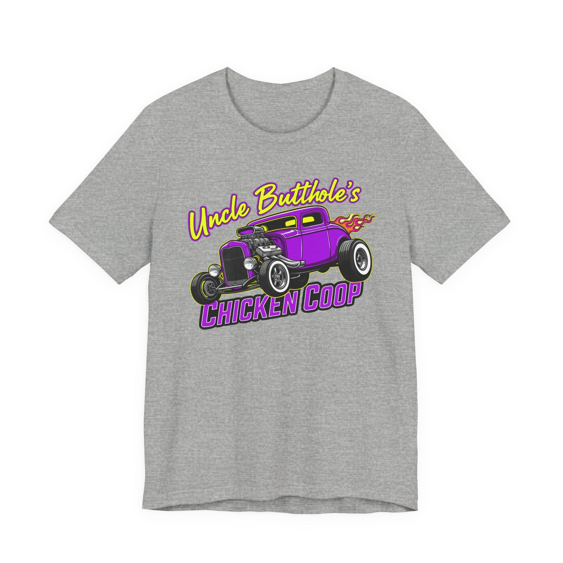 Athletic heather Bella+Canvas 3001 t-shirt with purple hot rod graphic and text 'Uncle Butthole's Chicken Coop' on a white background