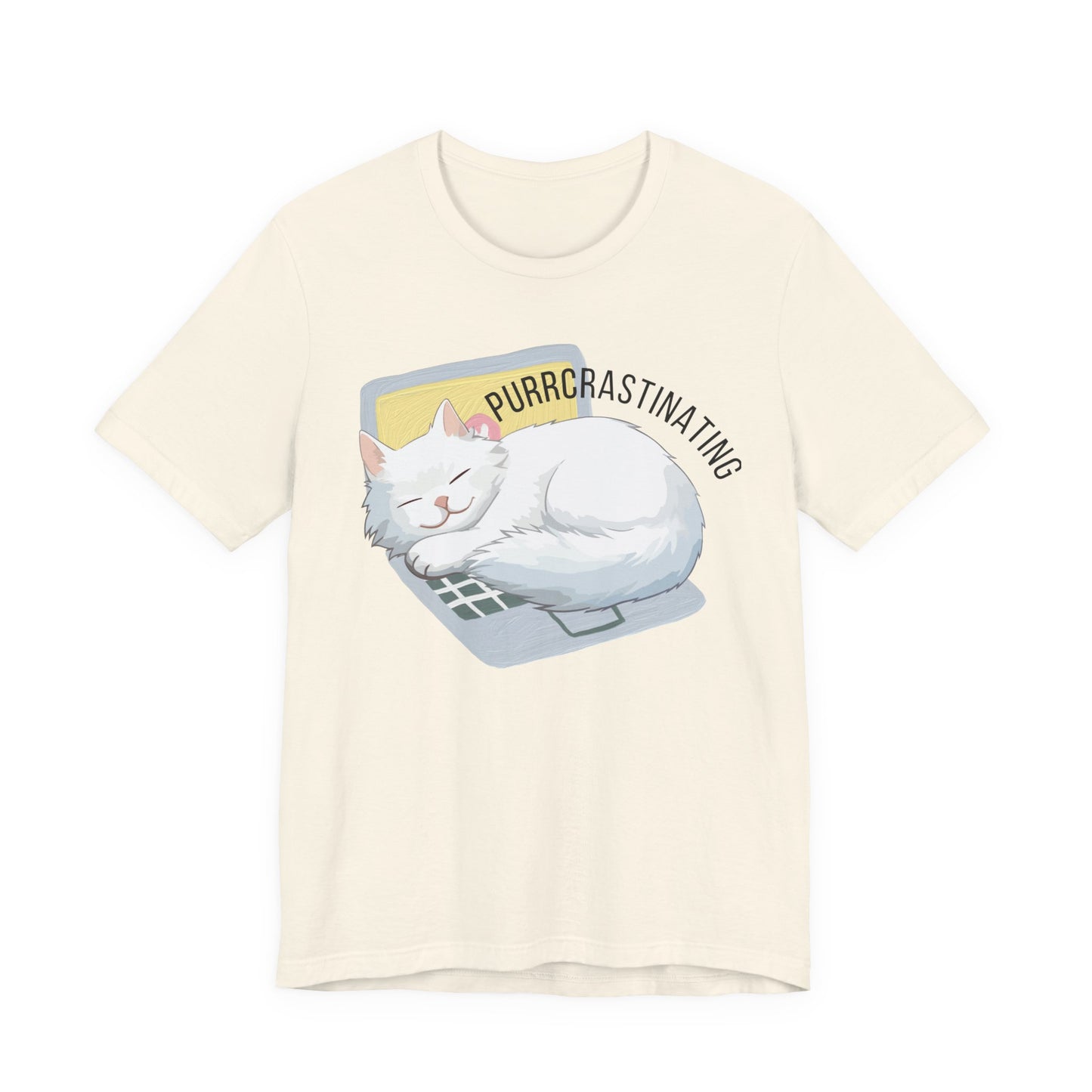Beige t-shirt with a cat graphic and text Purrcrastinating' on a white background