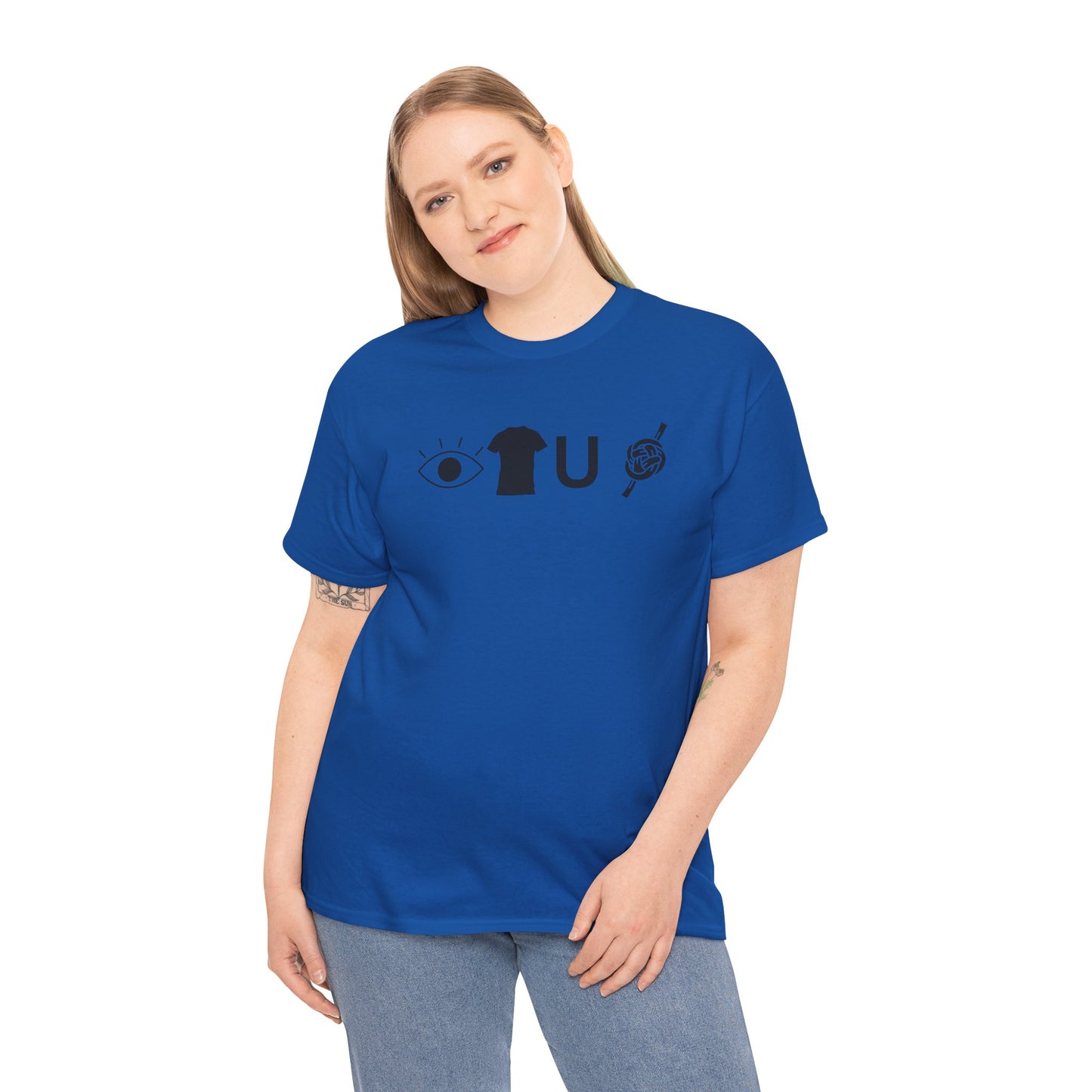 Person wearing a blue t-shirt with black graphics on a white background
