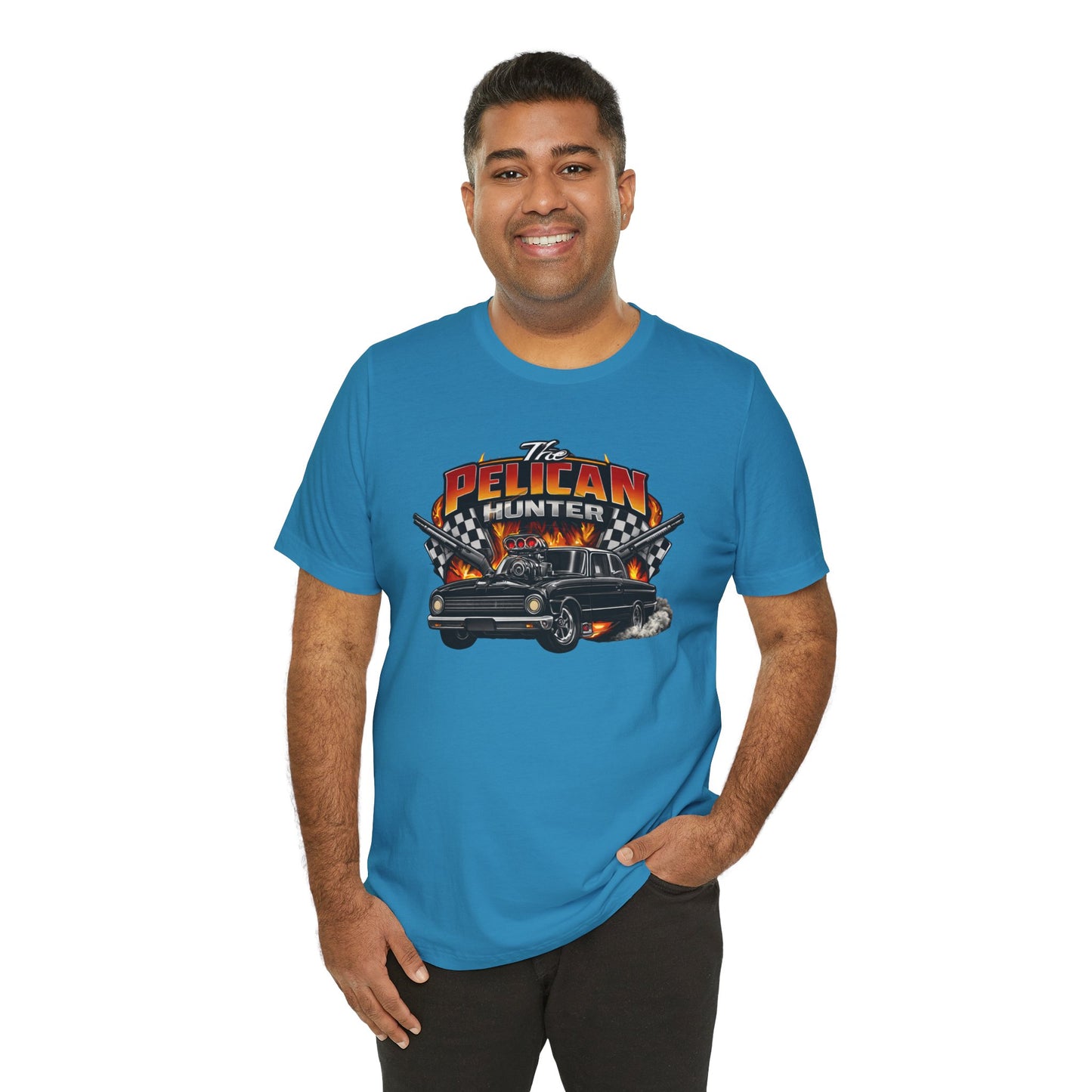 Man wearing a blue t-shirt with a 'The Pelican Hunter' graphic design on a white background