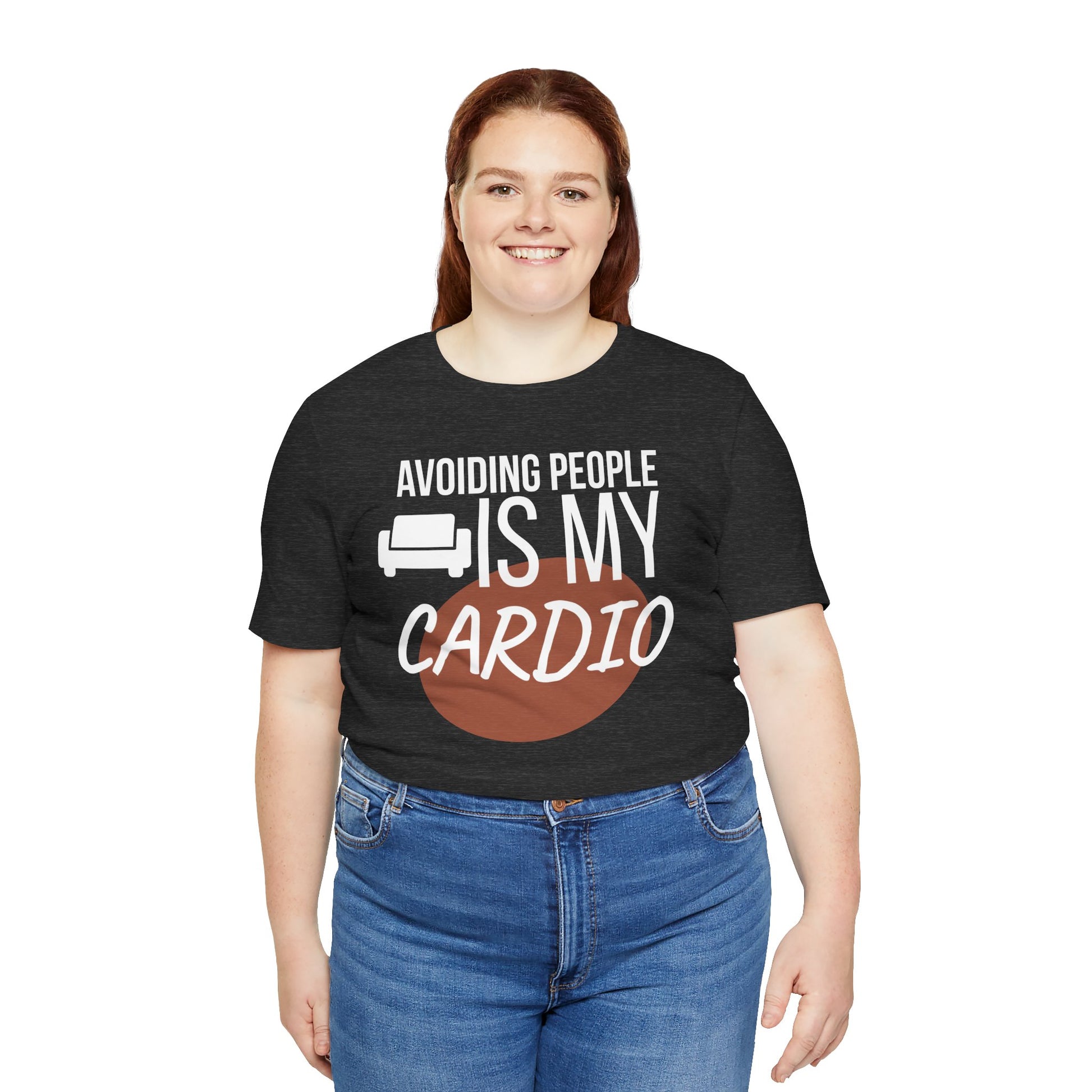 Person wearing a black t-shirt with humorous text 'Avoiding People Is My Cardio' design on a white background