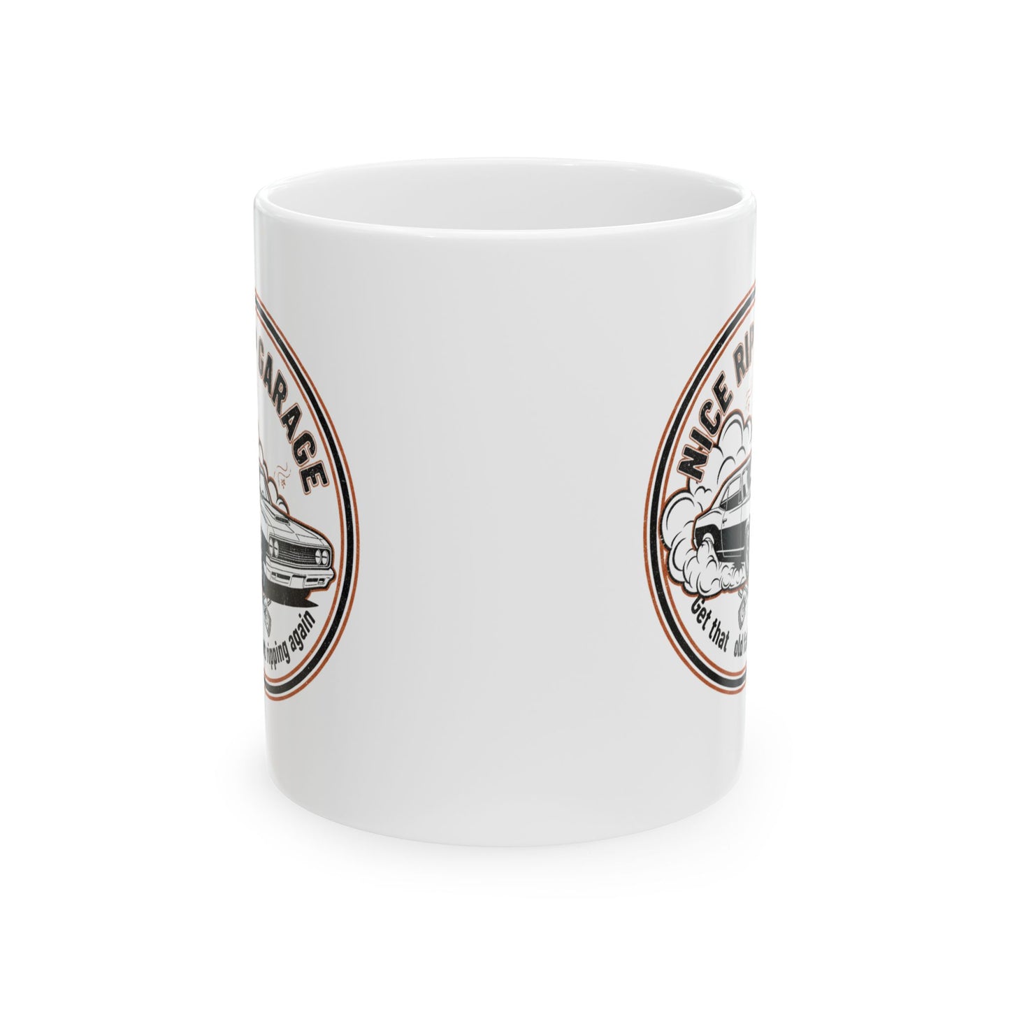 White mug with graphic design and text 'Nice Rip Garage Get that old fart ripping again' on a white background