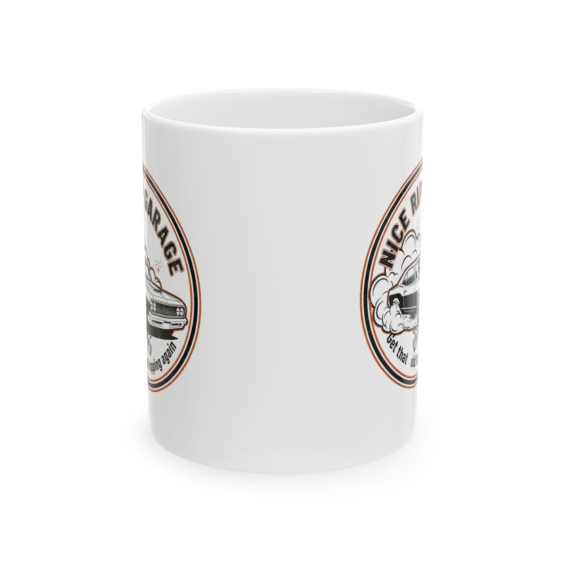White mug with graphic design and text 'Nice Rip Garage Get that old fart ripping again' on a white background