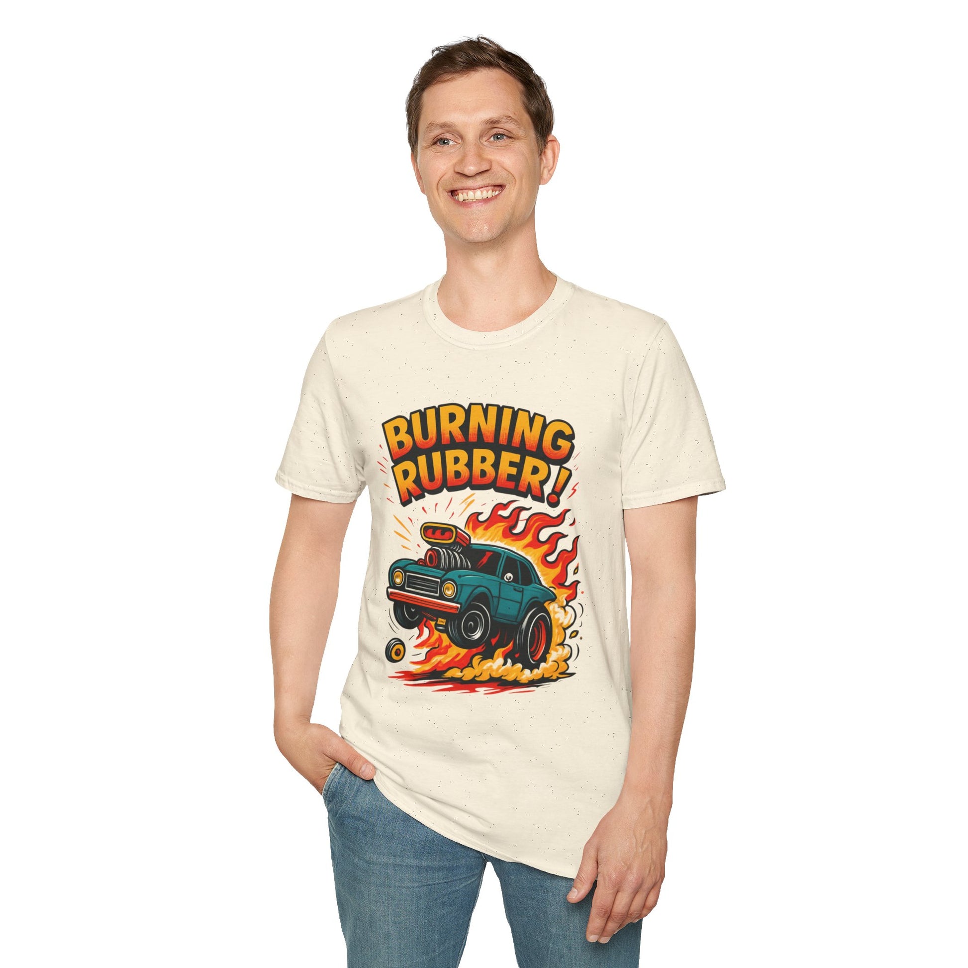 Person wearing a 'Burning Rubber!' t-shirt with a graphic design on a white background