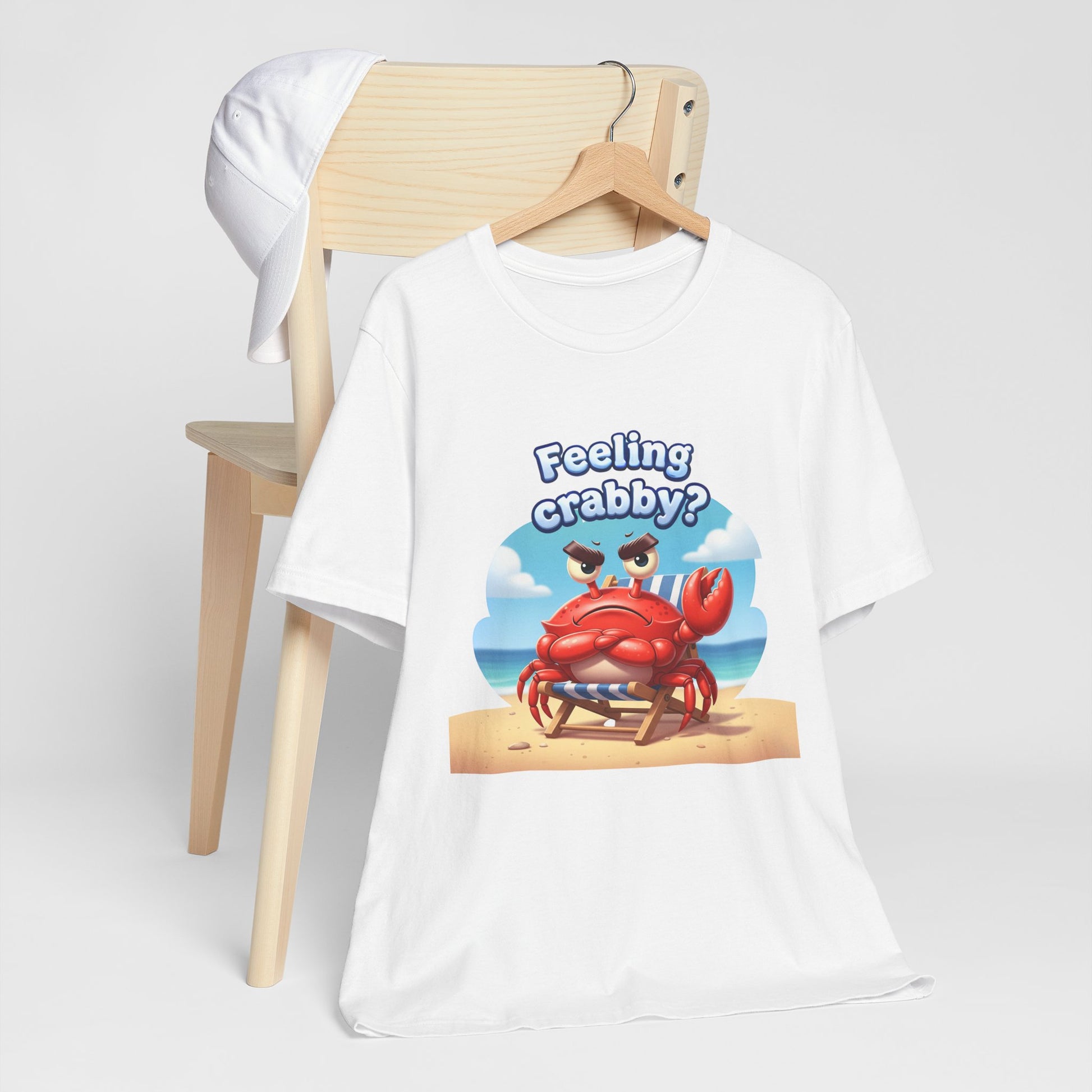 Funny ‘Feeling Crabby?’ cartoon crab beach chair white t-shirt 