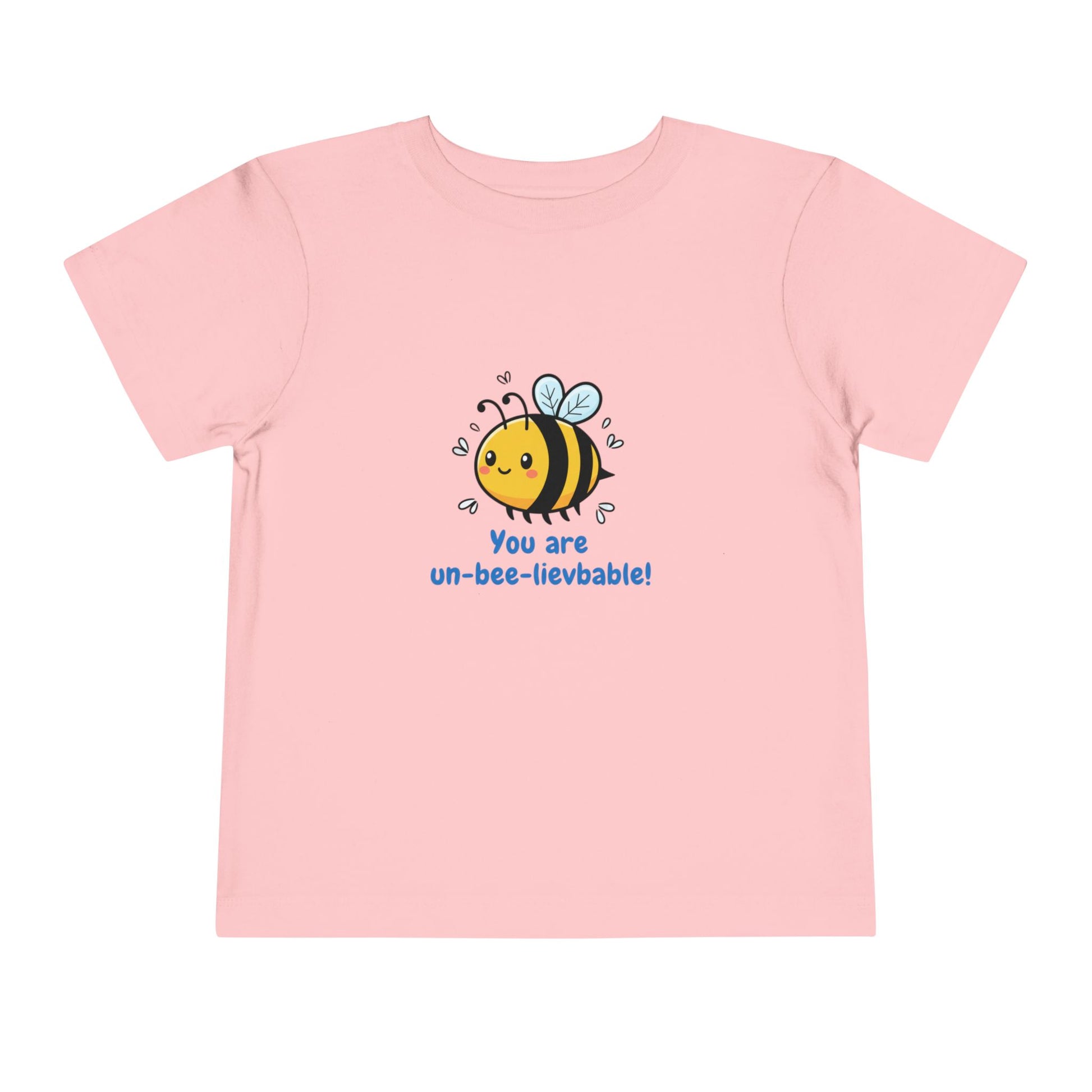Pink 'You Are Un-Bee-Lievable' toddler t-shirt with cute bee graphic – Bella+Canvas 3001T on a white background
