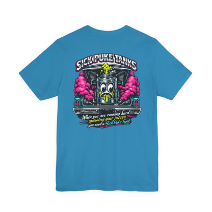 Aqua Bella+Canvas 3001 t-shirt with a colorful graphic design and 'Sick Puke Tanks When you are running hard spewing your juices you need a Sick Puke Tank' text on the back