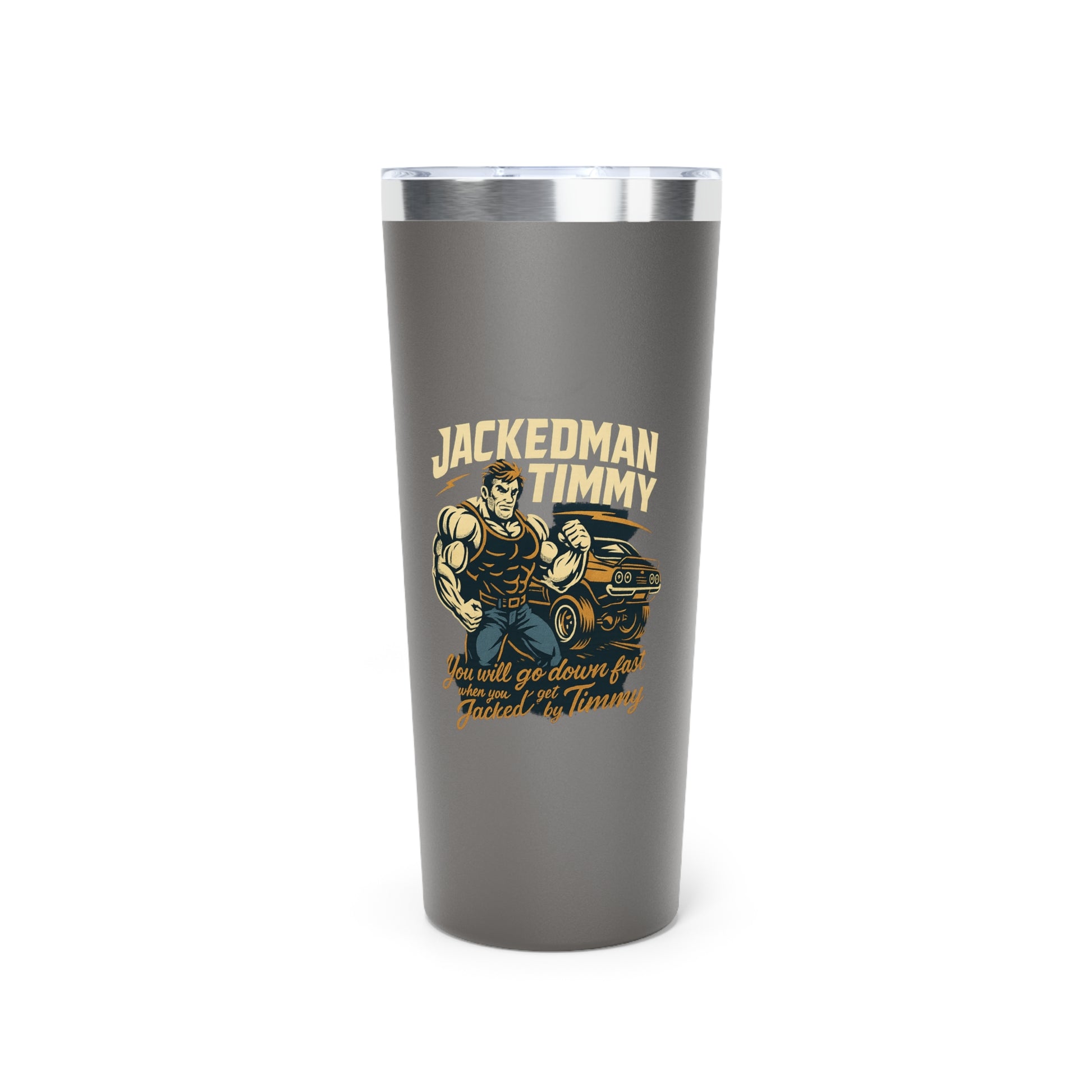 Gray tumbler with 'Jackedman Timmy' graphic design on a white background